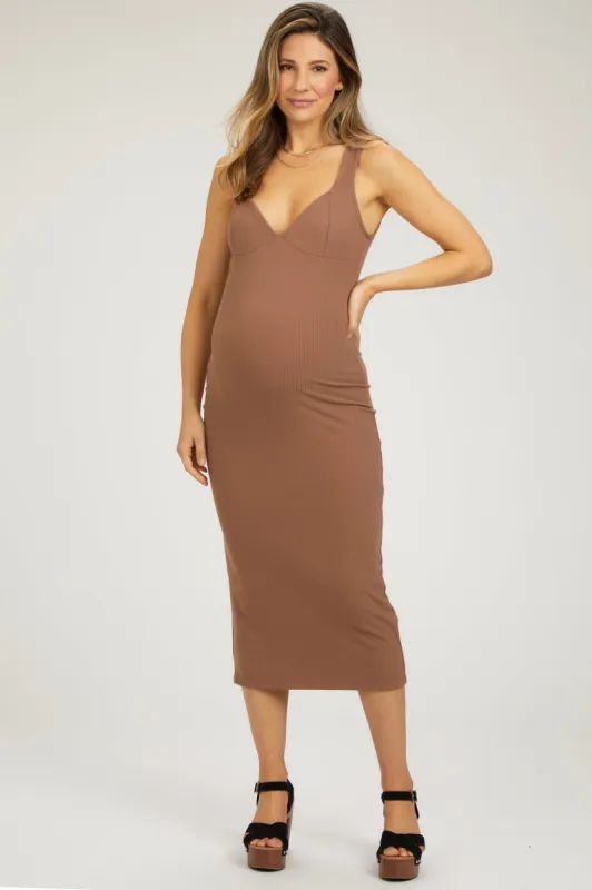 Mocha Ribbed Sweetheart Neck Maternity Midi Dress sold by Pinkblush