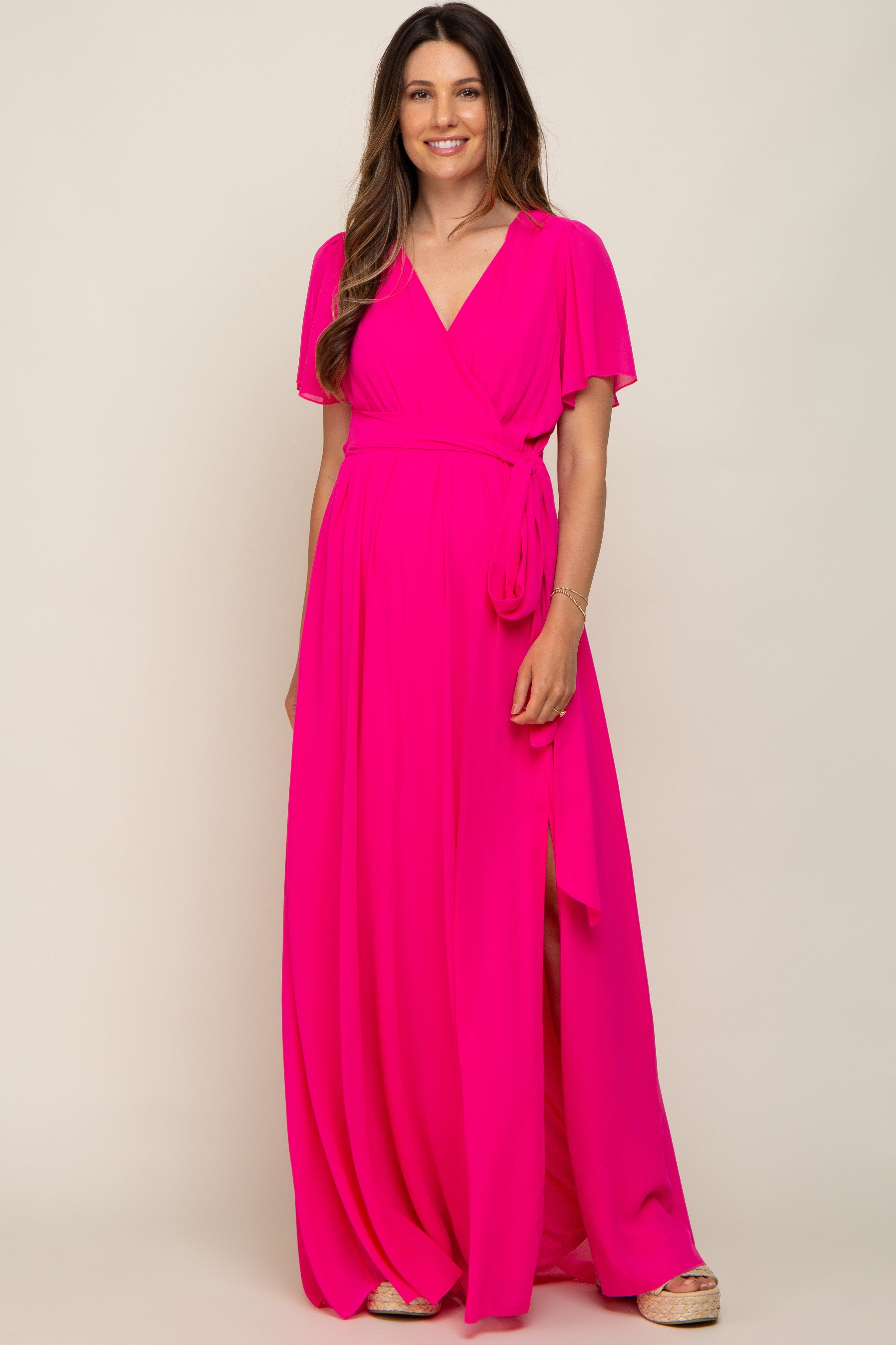 Fuchsia Chiffon Short Sleeve Wrap V-Neck Front Slit Maternity Maxi Dress sold by Pinkblush product image thumbnail 4