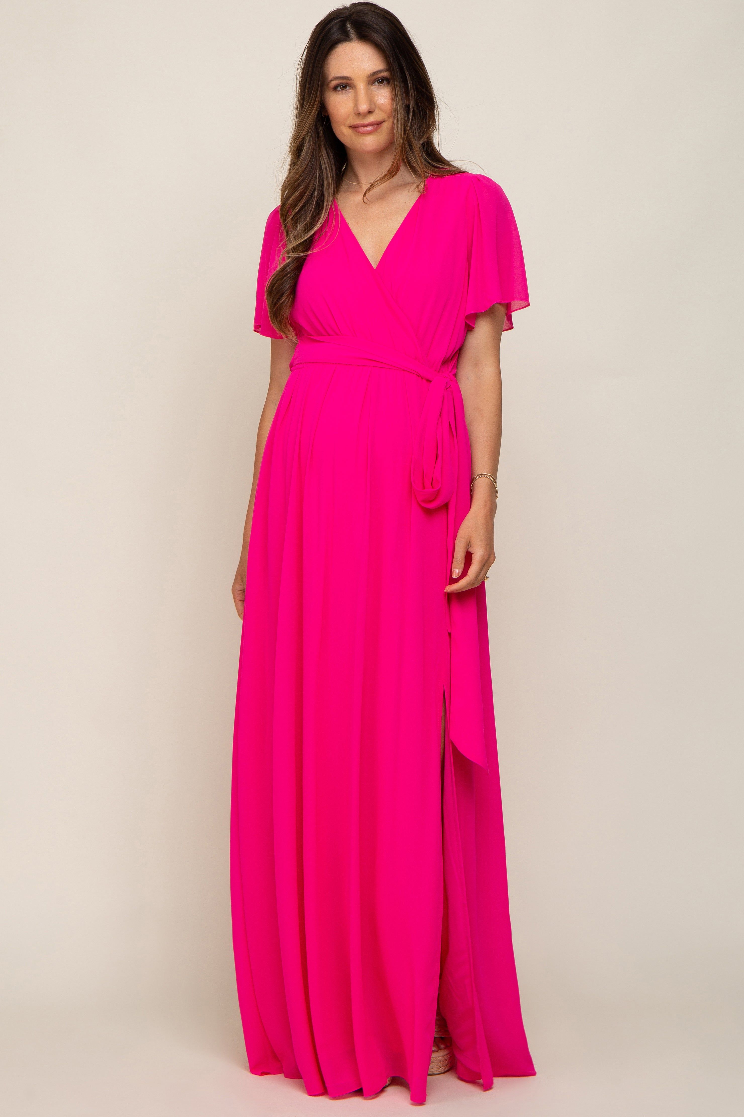 Fuchsia Chiffon Short Sleeve Wrap V-Neck Front Slit Maternity Maxi Dress sold by Pinkblush
