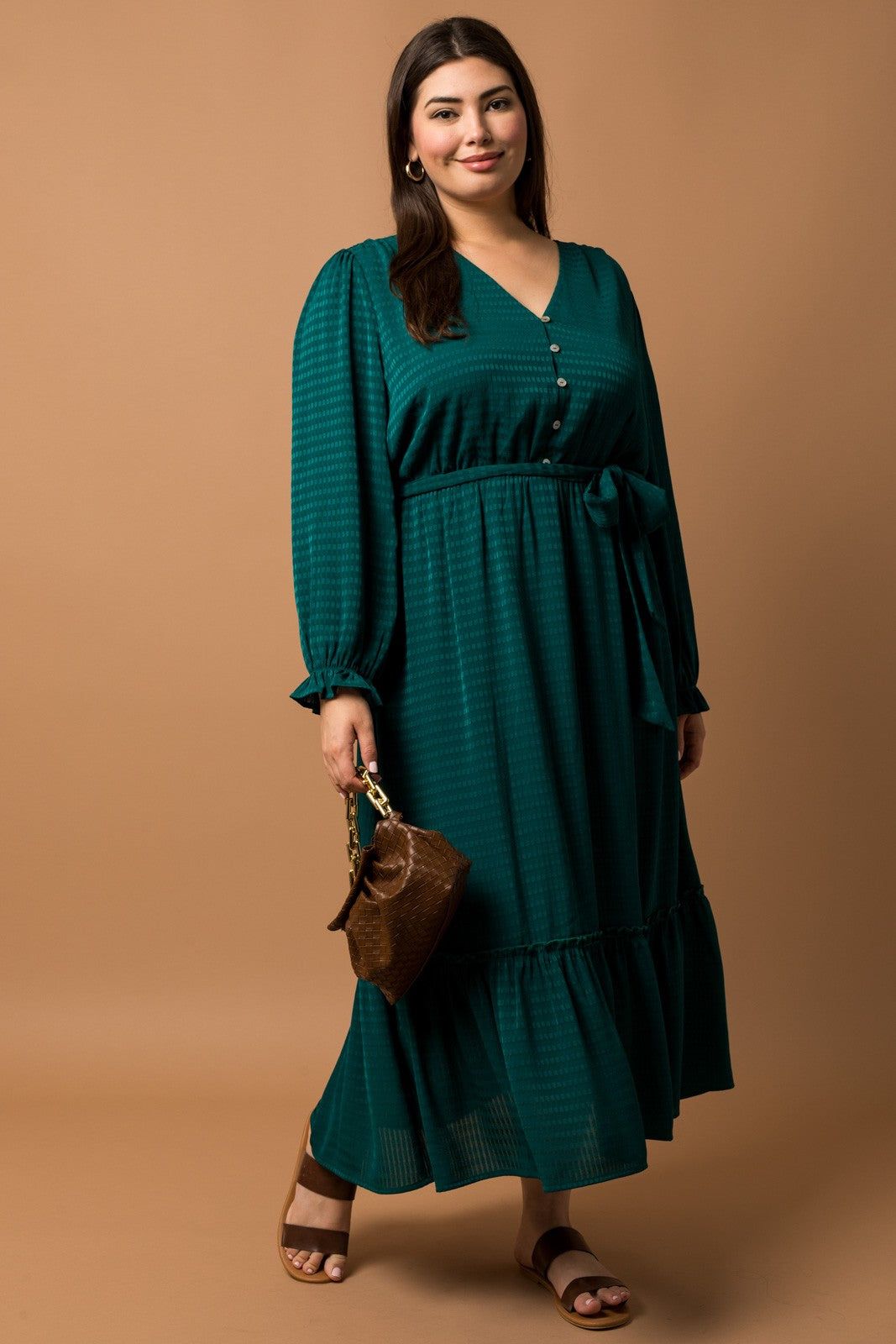Forest Green V-Neck Front Button Satin Jacquard Maternity Midi Dress sold by Pinkblush product image thumbnail 4
