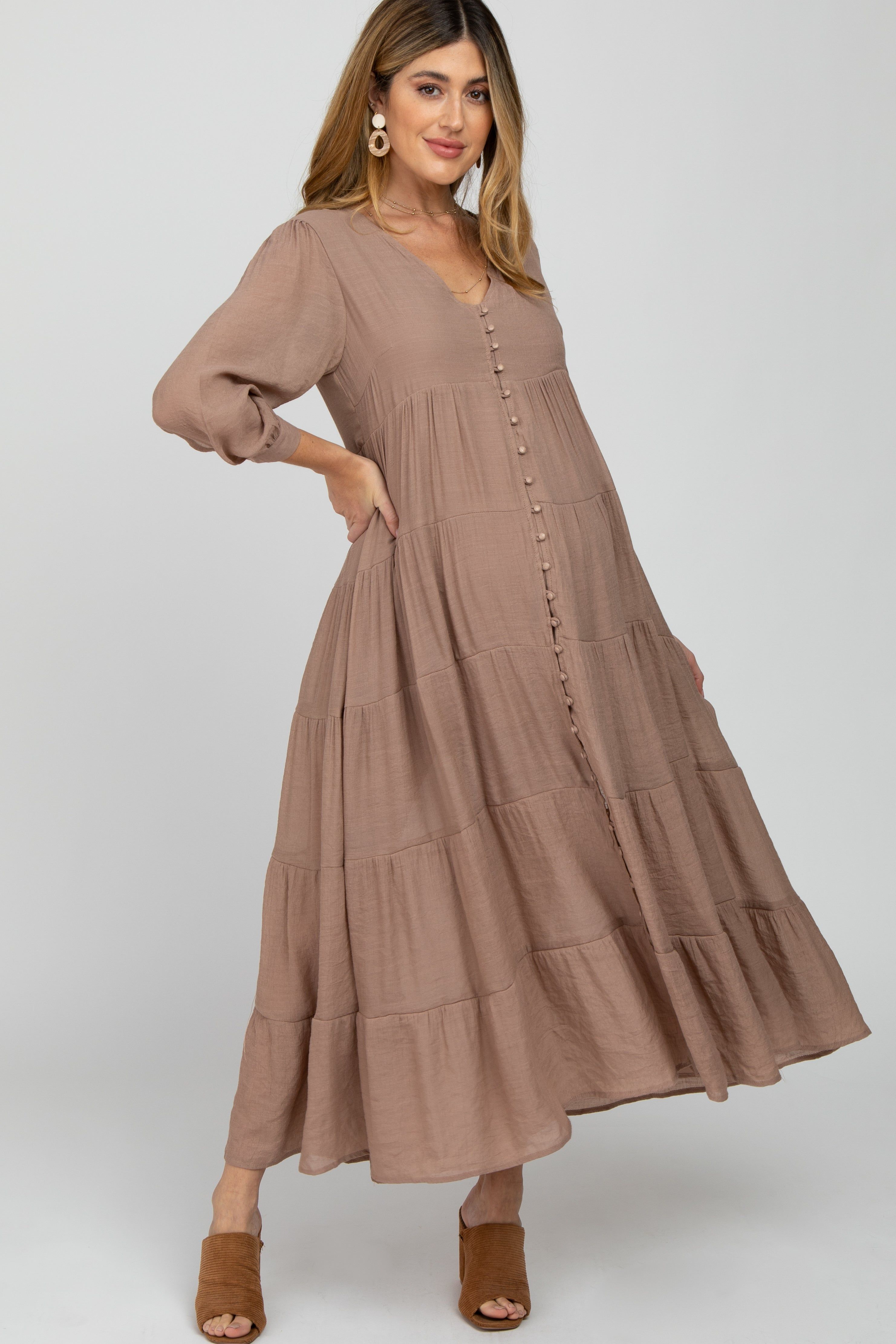 Mocha Button Front Tiered Maternity Maxi Dress sold by Pinkblush