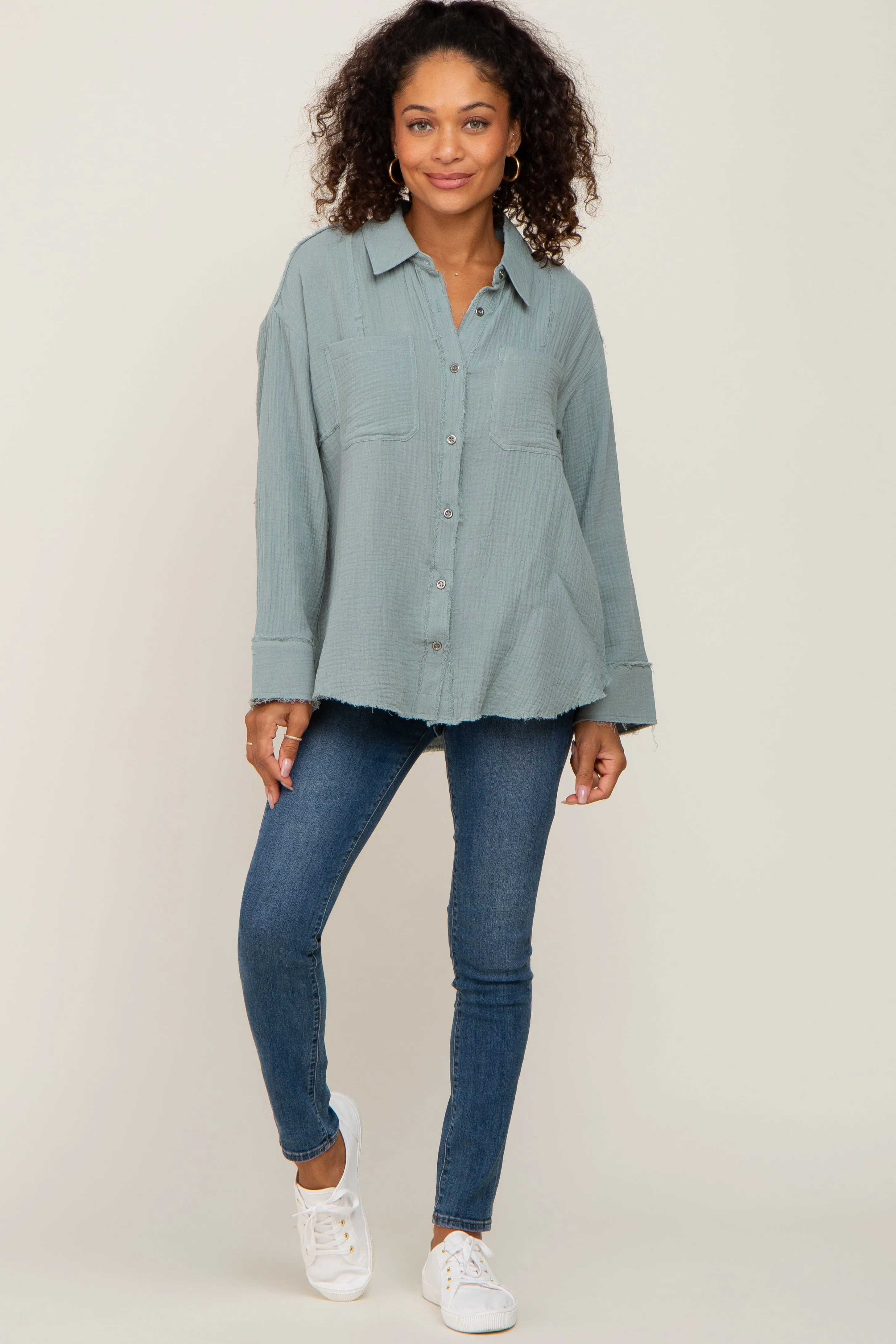 Green Button Down Collared Frayed Top sold by Pinkblush product image thumbnail 4