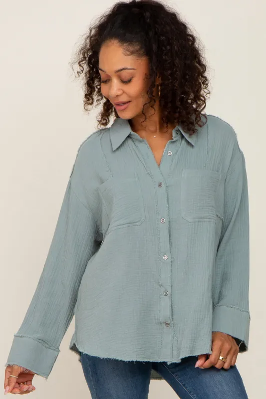 Green Button Down Collared Frayed Top sold by Pinkblush