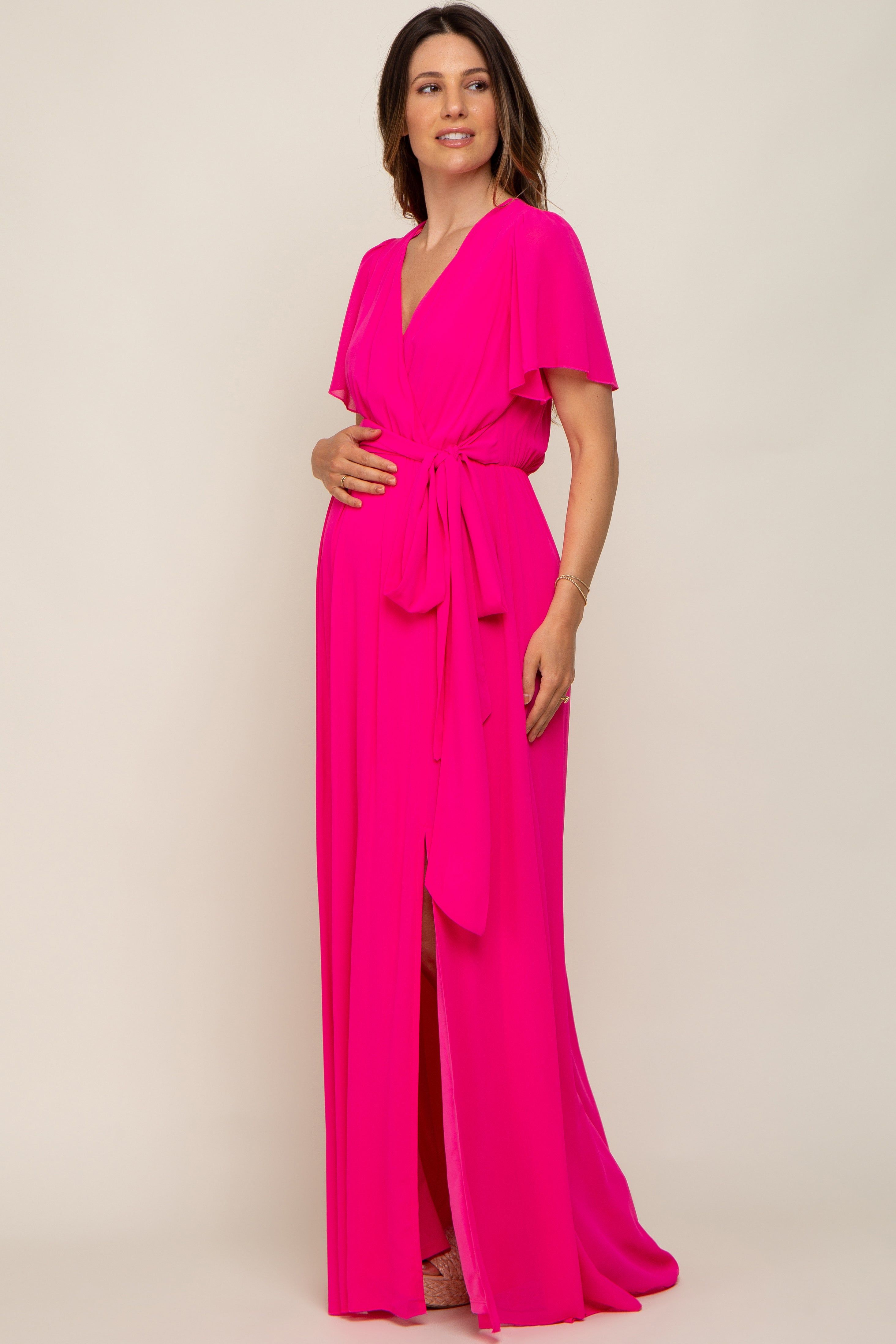 Fuchsia Chiffon Short Sleeve Wrap V-Neck Front Slit Maternity Maxi Dress sold by Pinkblush product image thumbnail 2