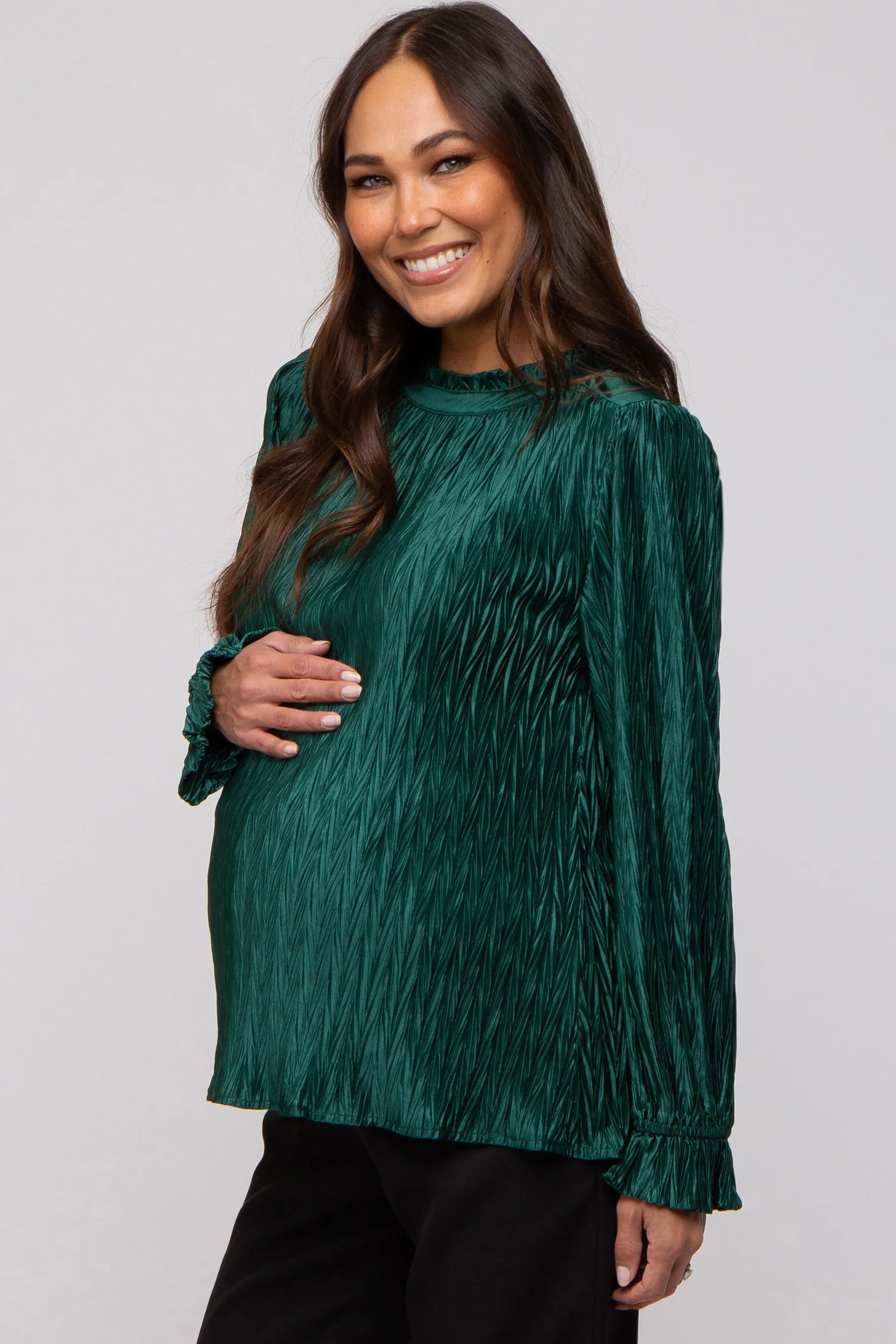Forest Green Textured Mock Neck Maternity Blouse sold by Pinkblush product image thumbnail 2