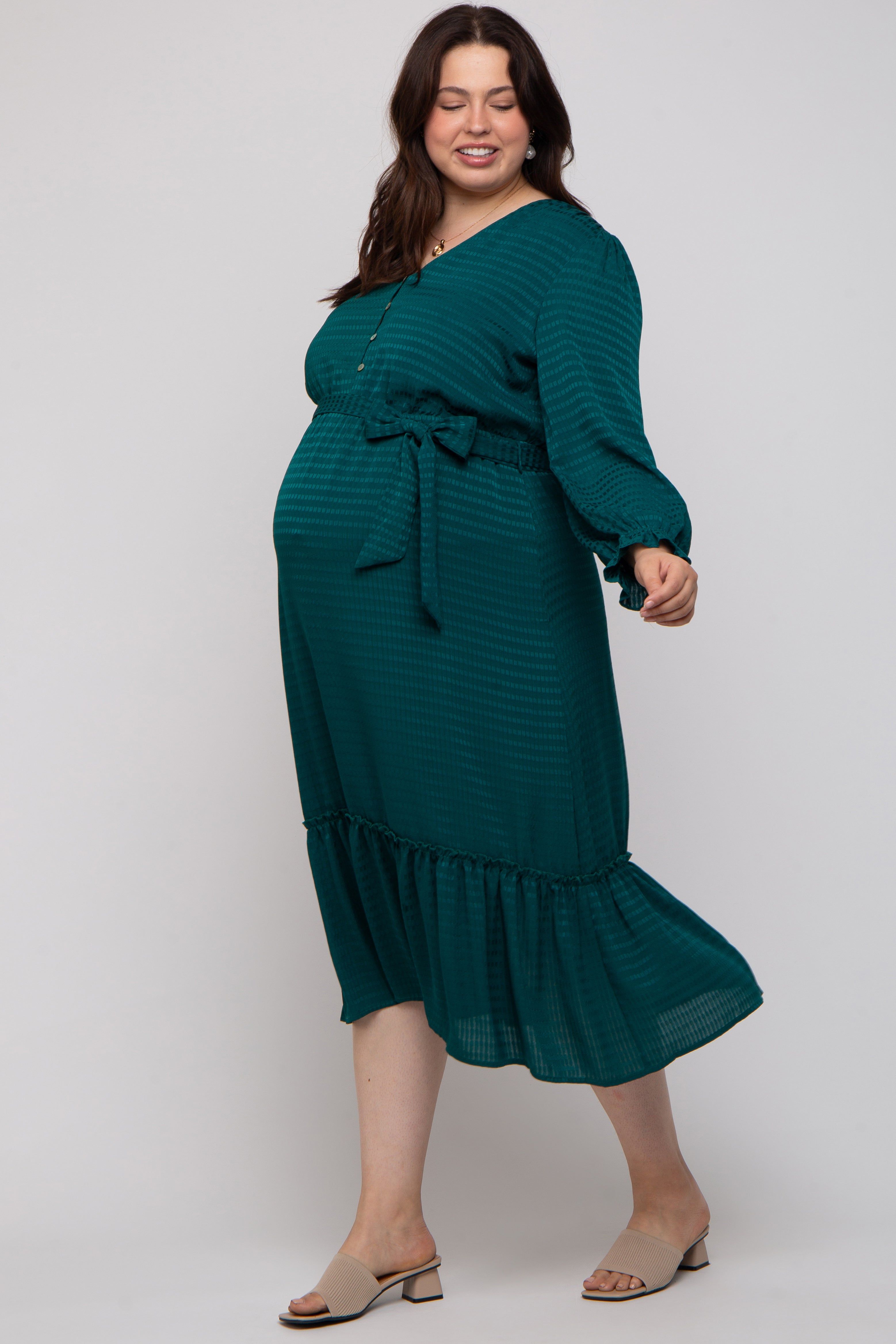 Forest Green V-Neck Front Button Satin Jacquard Maternity Midi Dress sold by Pinkblush product image thumbnail 2