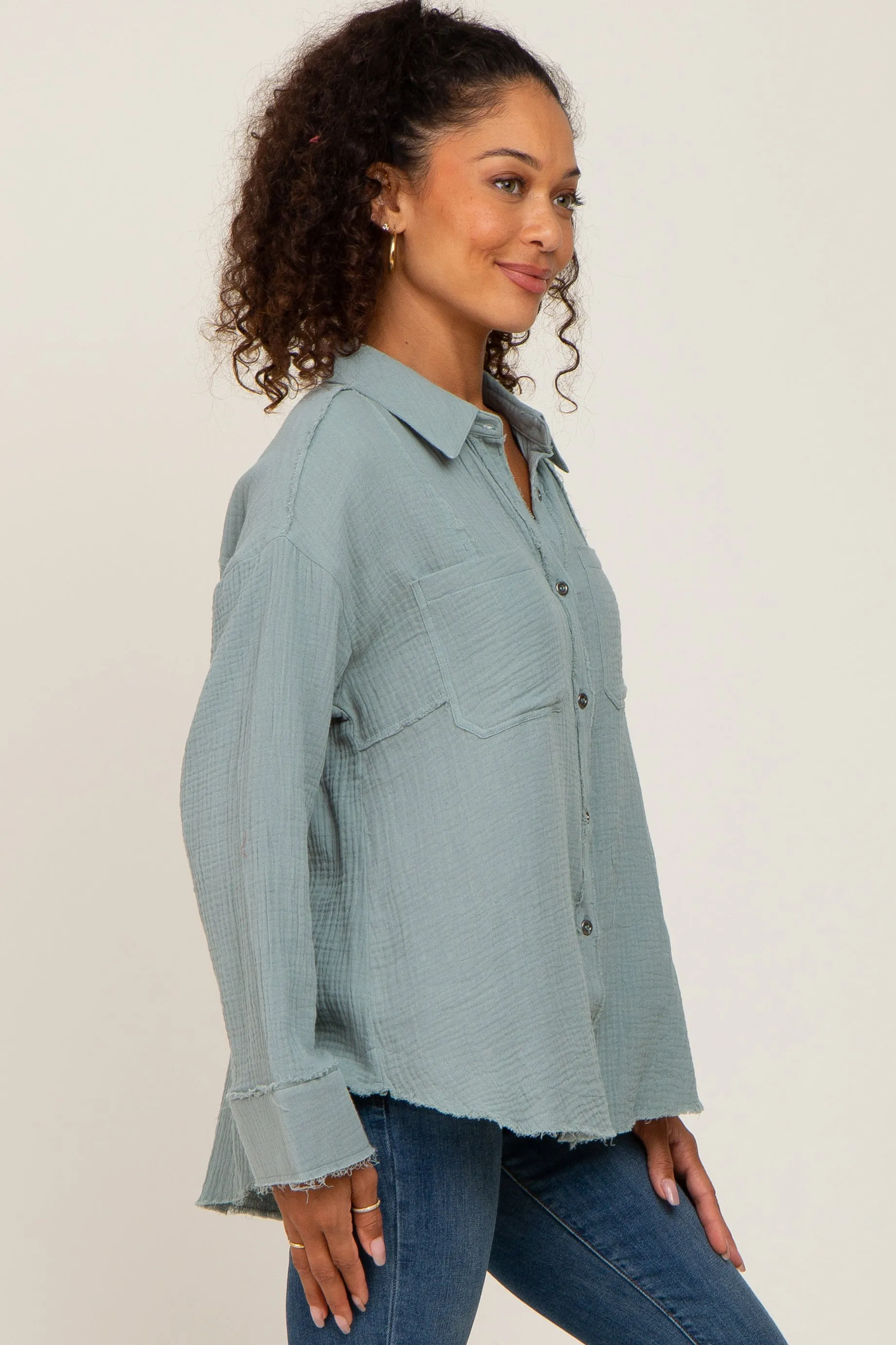 Green Button Down Collared Frayed Top sold by Pinkblush product image thumbnail 2