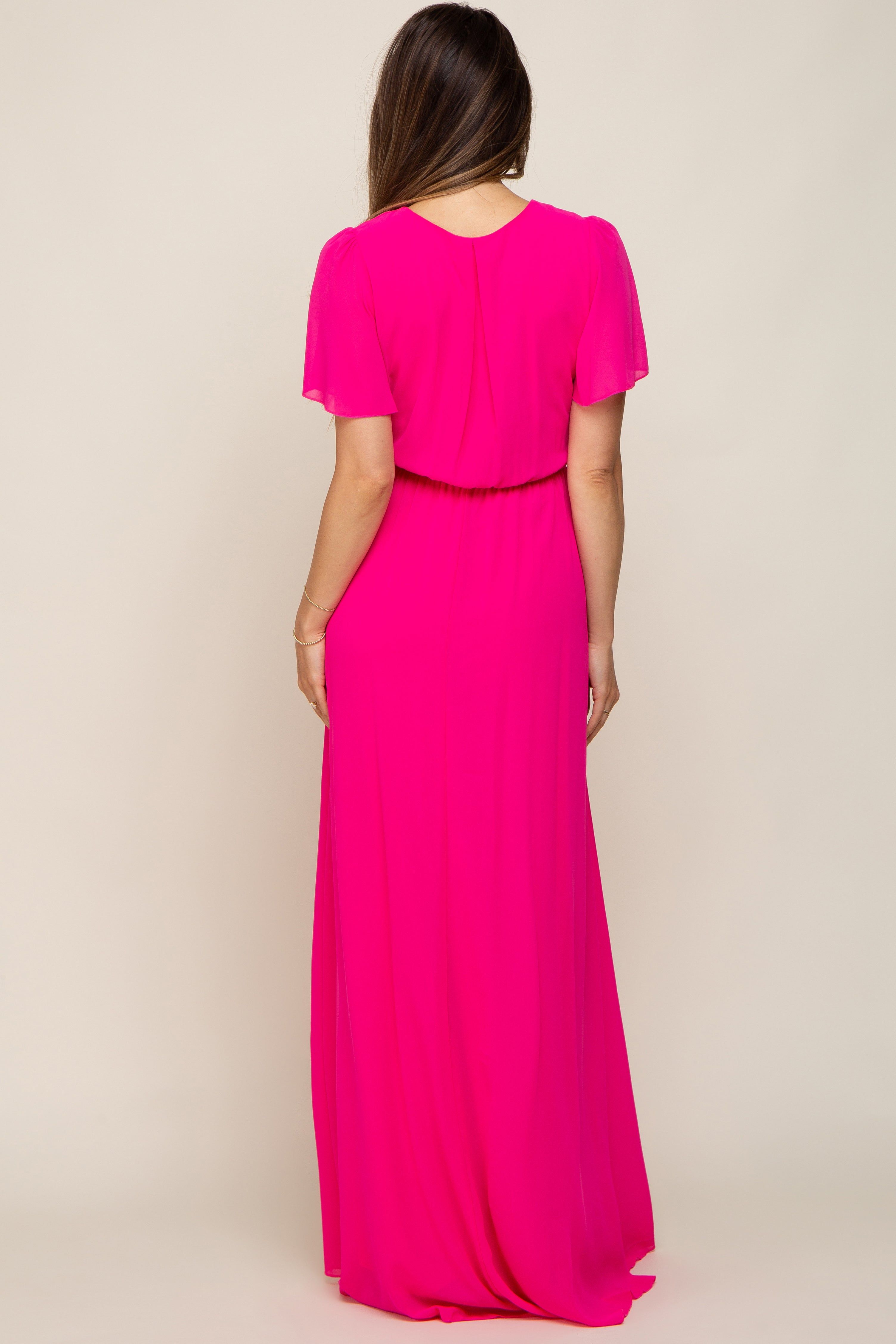 Fuchsia Chiffon Short Sleeve Wrap V-Neck Front Slit Maternity Maxi Dress sold by Pinkblush product image thumbnail 3