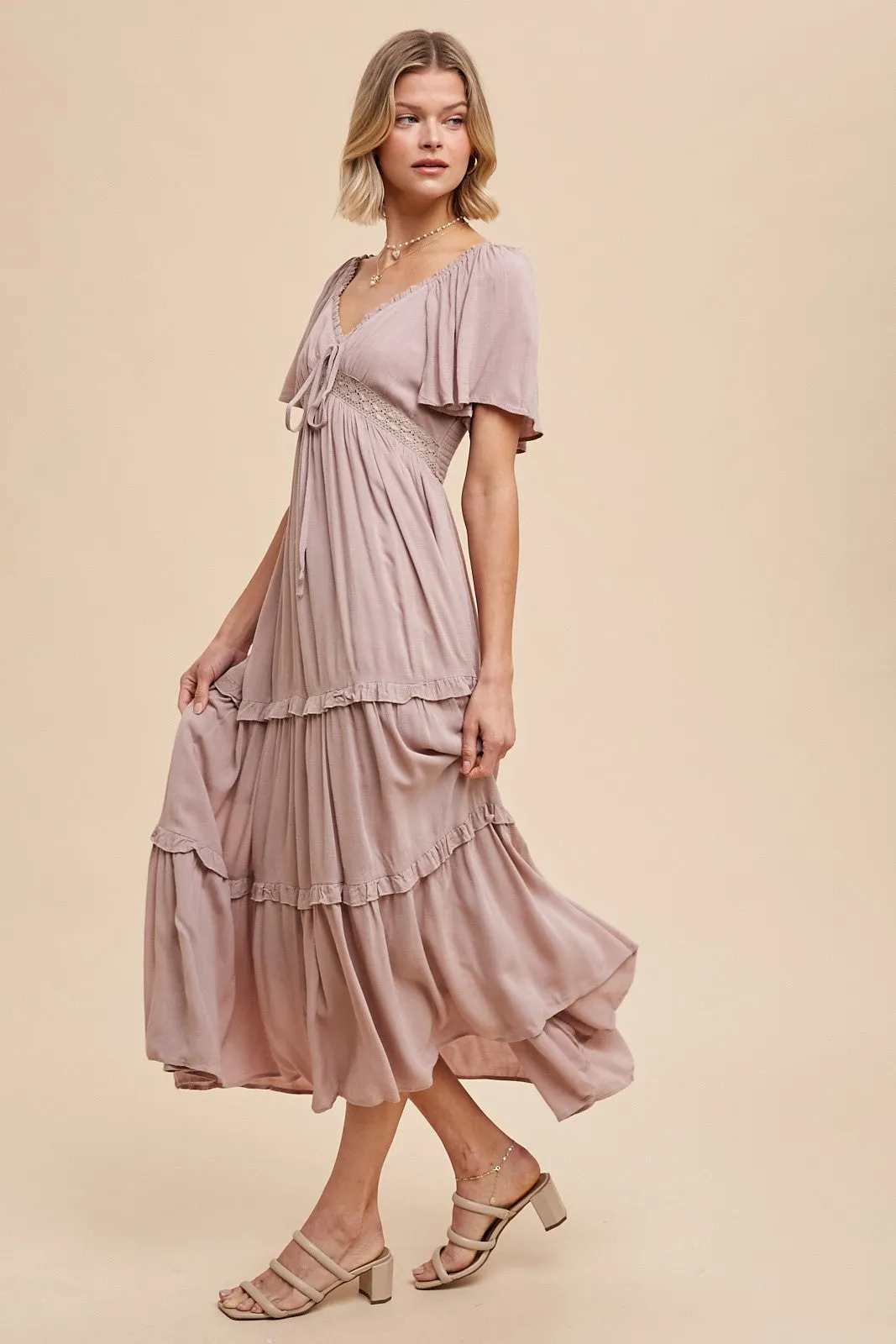 Mocha Crochet Lace Tiered Ruffle Maxi Dress sold by Pinkblush product image thumbnail 2