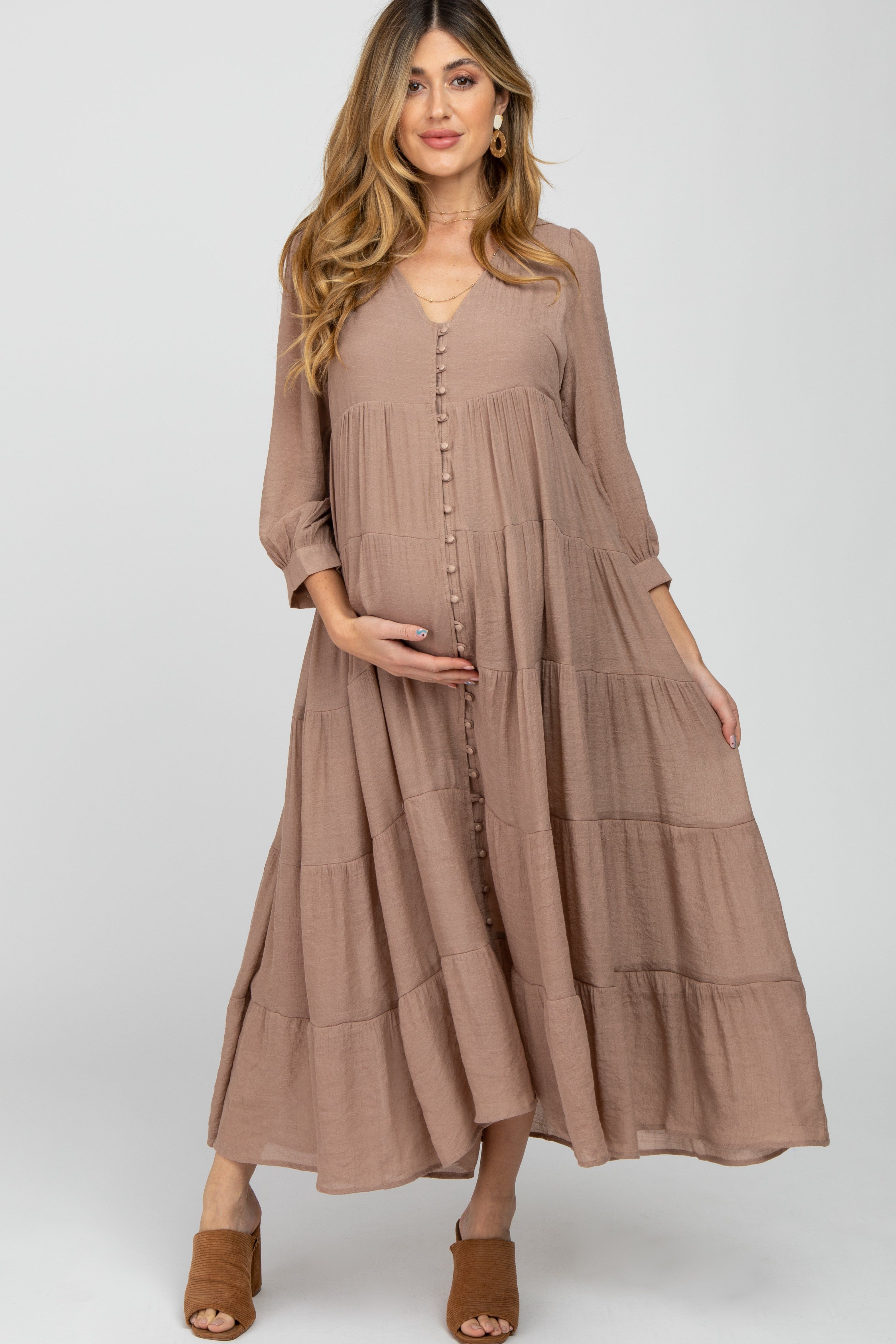 Mocha Button Front Tiered Maternity Maxi Dress sold by Pinkblush product image thumbnail 3