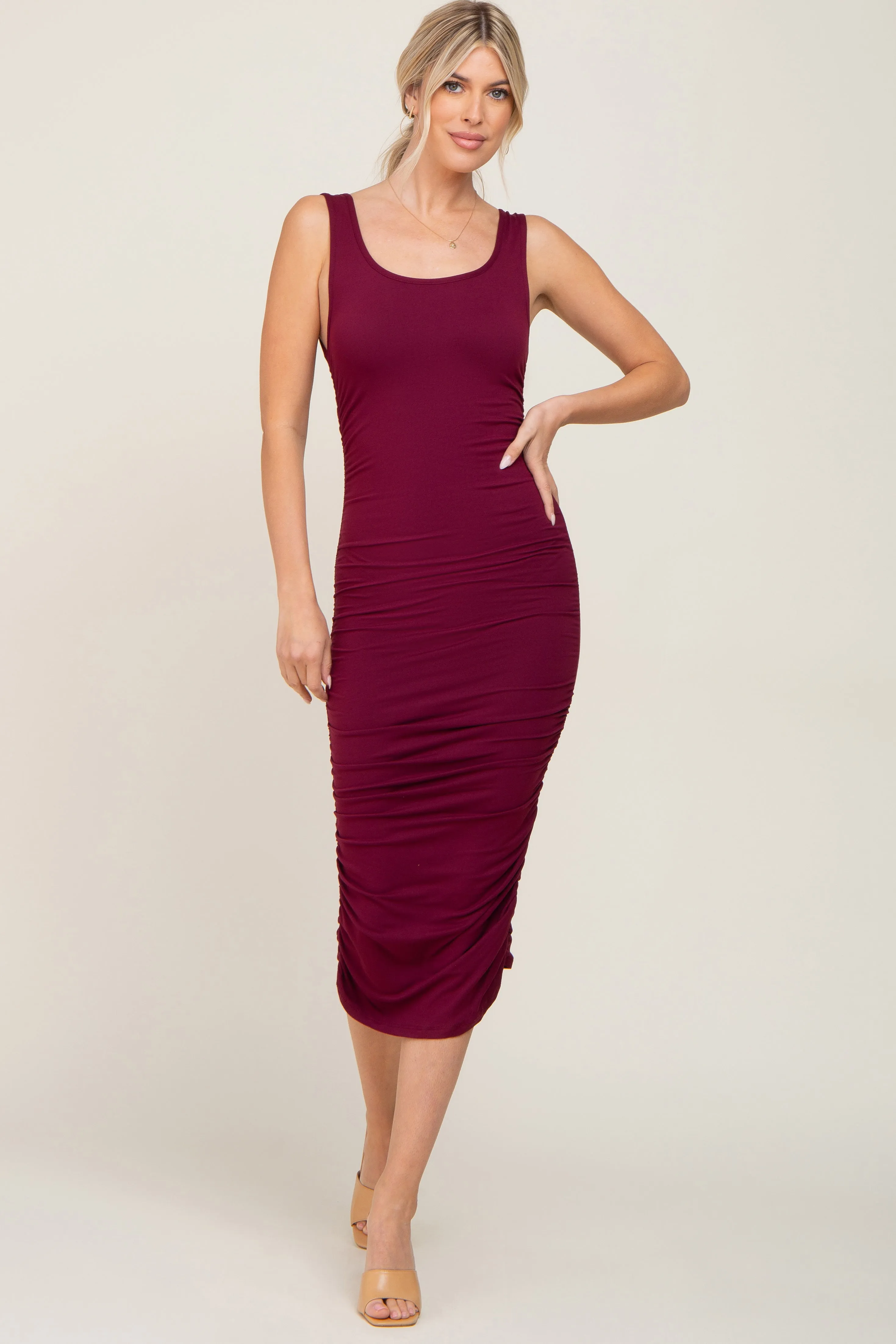 Burgundy Ruched V-Back Midi Dress sold by Pinkblush