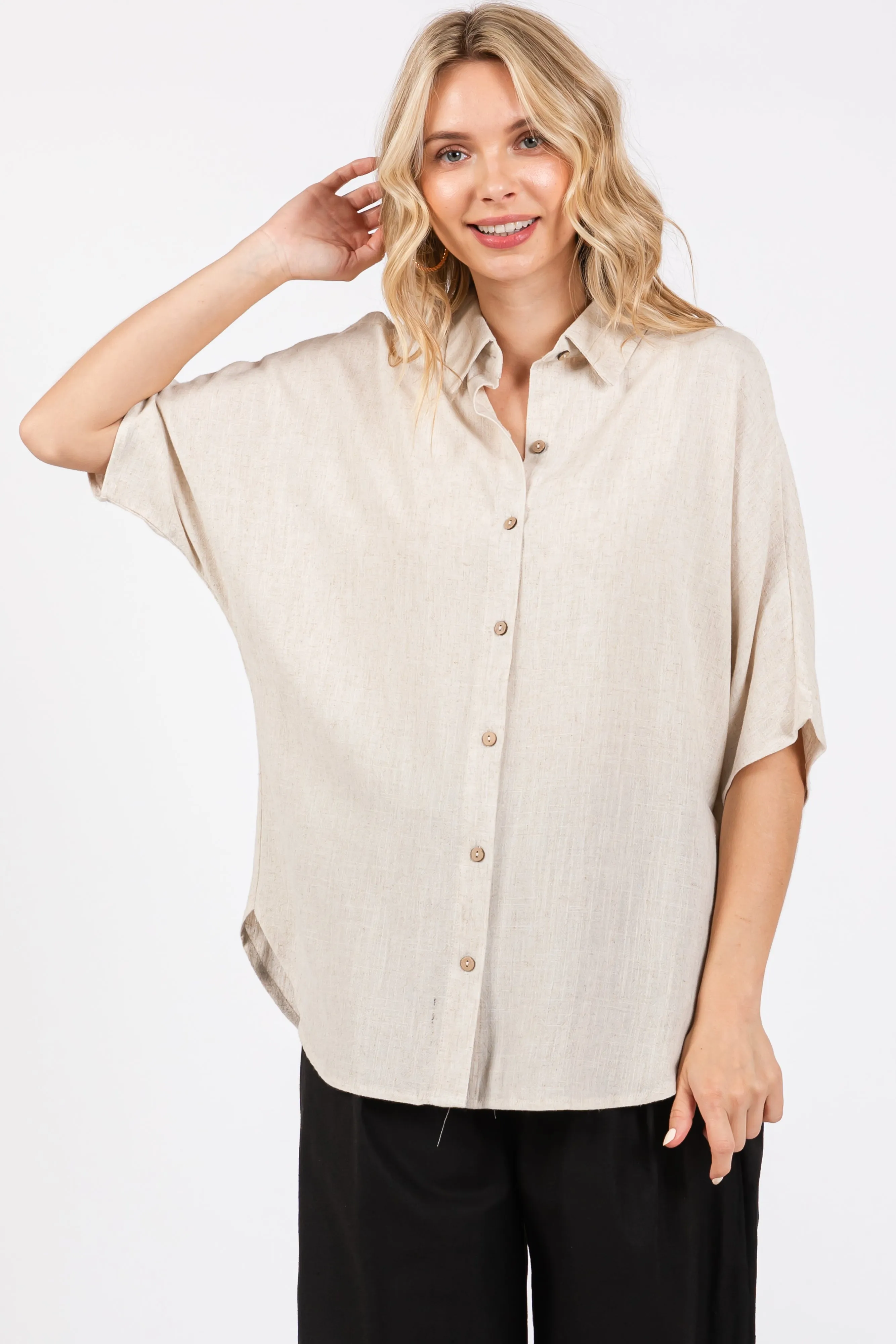 Cream Linen Dolman Half Sleeve Button Down Maternity Top sold by Pinkblush product image thumbnail 4