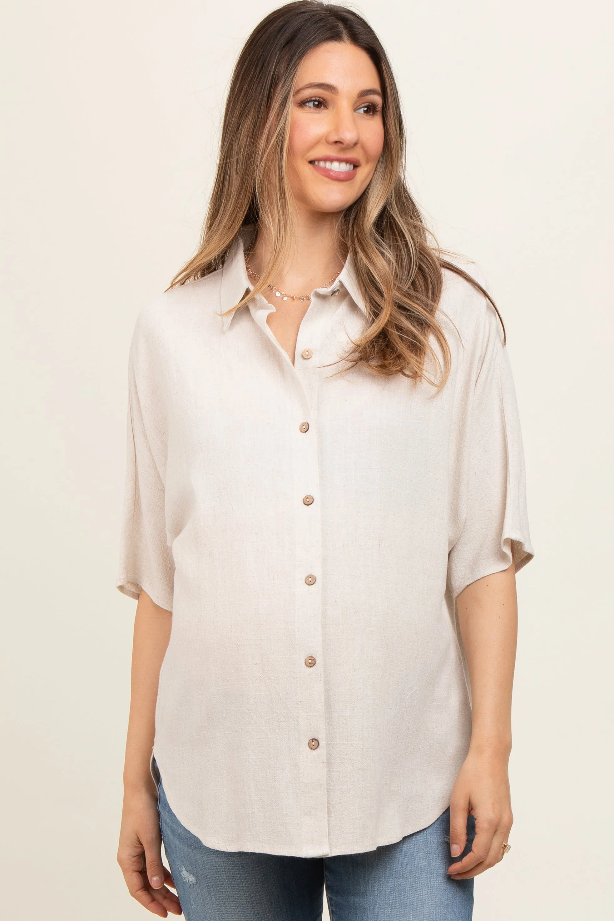 Cream Linen Dolman Half Sleeve Button Down Maternity Top sold by Pinkblush