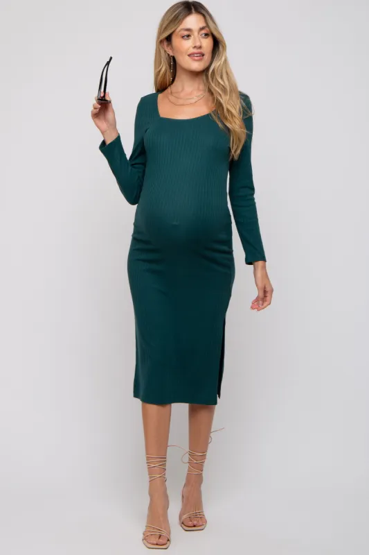 Forest Green Ribbed Side Slit Maternity Midi Dress sold by Pinkblush