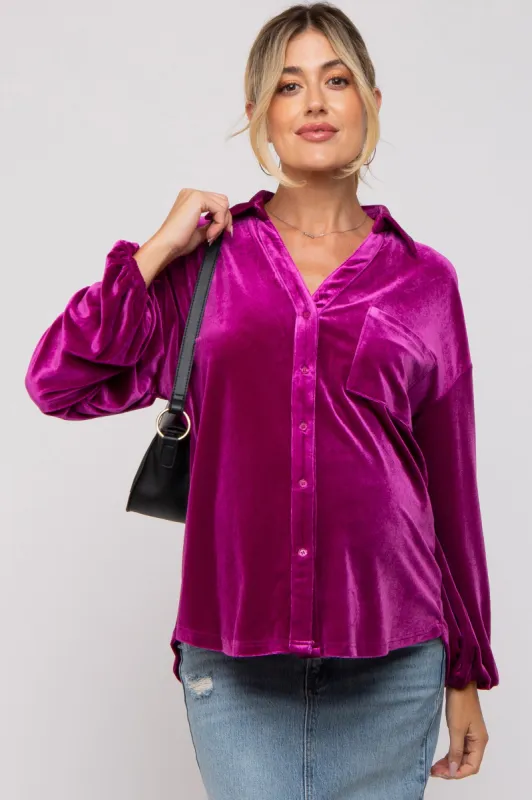 Magenta Velvet Button Front Collared Maternity Blouse sold by Pinkblush