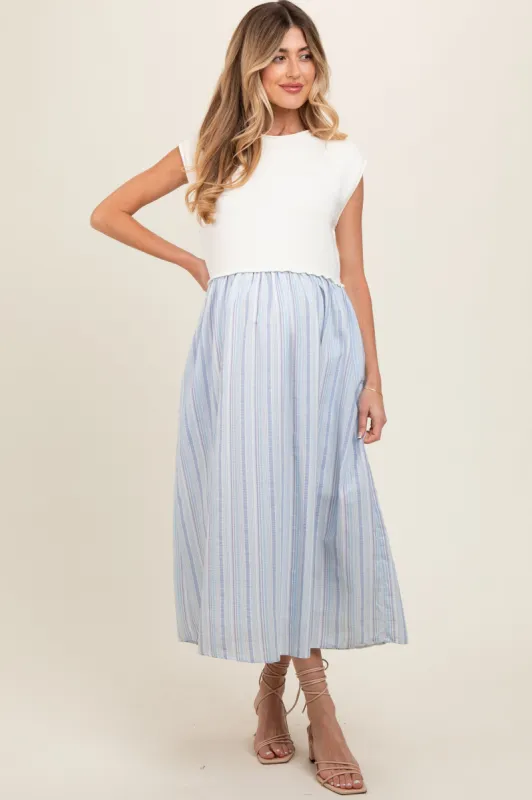 Light Blue Knit Striped Skirt Pocketed Sleeveless Maternity Midi Dress sold by Pinkblush