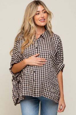 Black Gingham Button Up Collared Boxy Maternity Top sold by Pinkblush