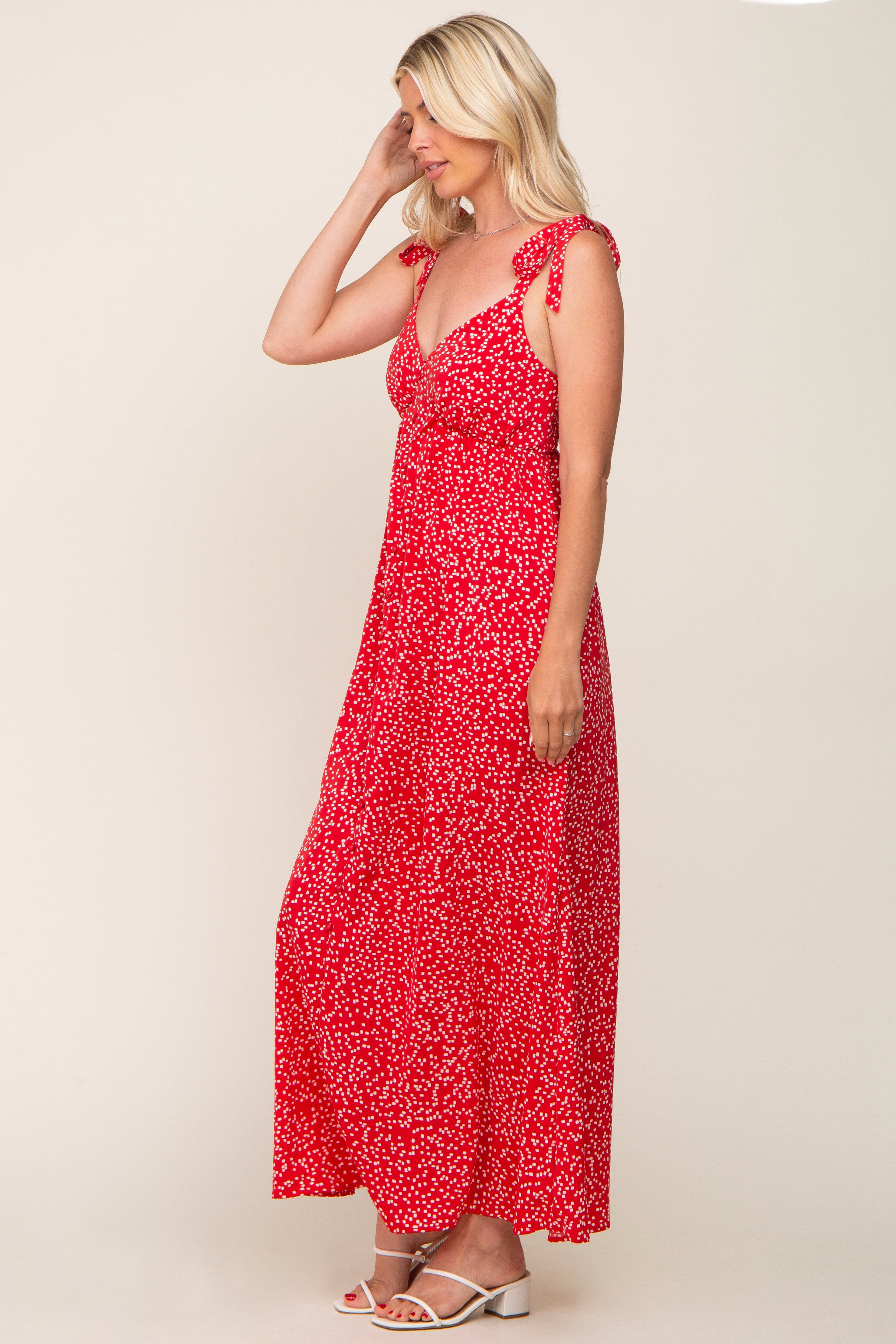 Red Button Front Tie Shoulder Maxi Dress sold by Pinkblush product image thumbnail 2