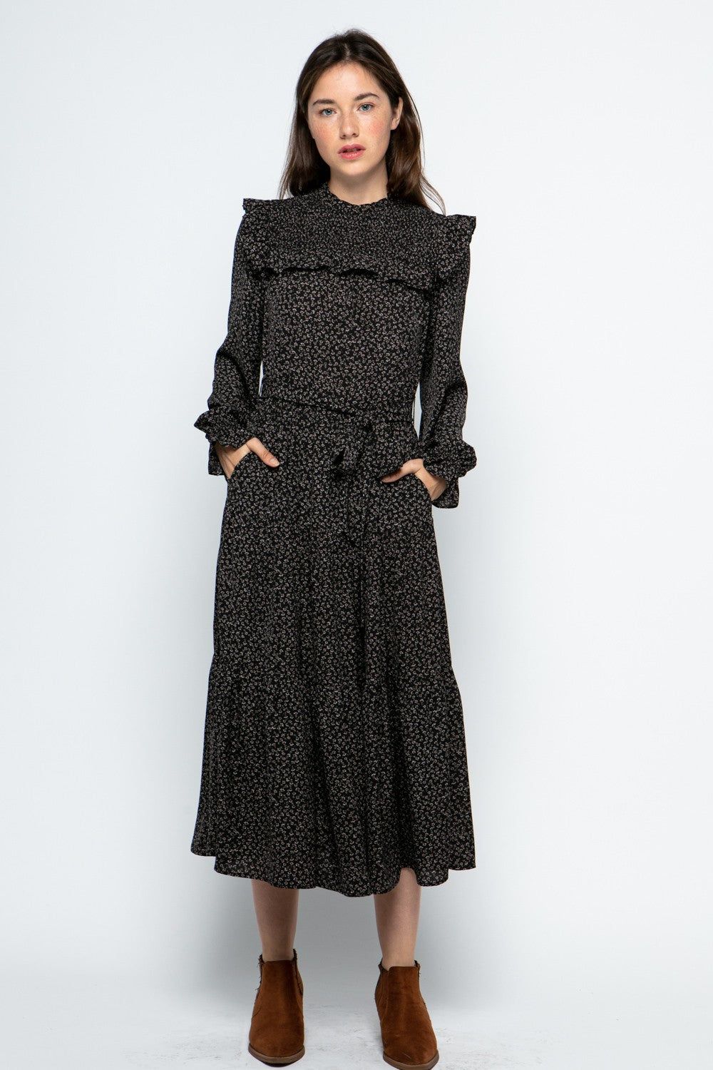 Black Smocked Yoke Detail Tiered Maxi Dress sold by Pinkblush