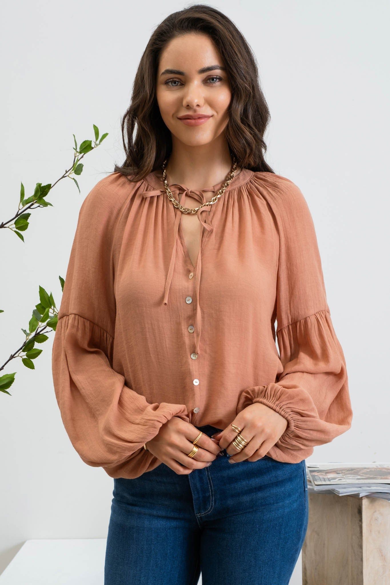 Rust Long Sleeve Peasant Woven Top sold by Pinkblush