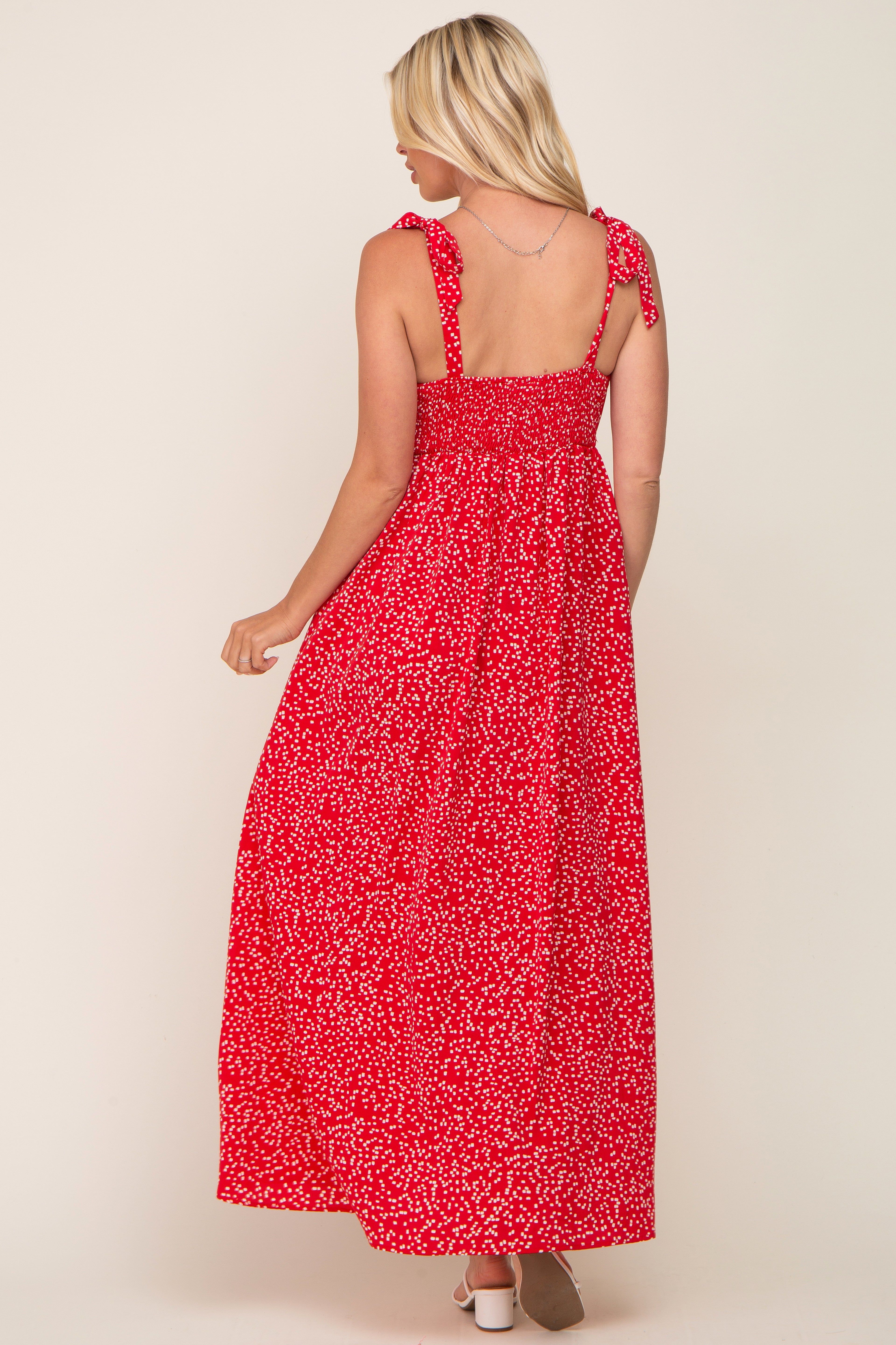 Red Button Front Tie Shoulder Maxi Dress sold by Pinkblush product image thumbnail 3