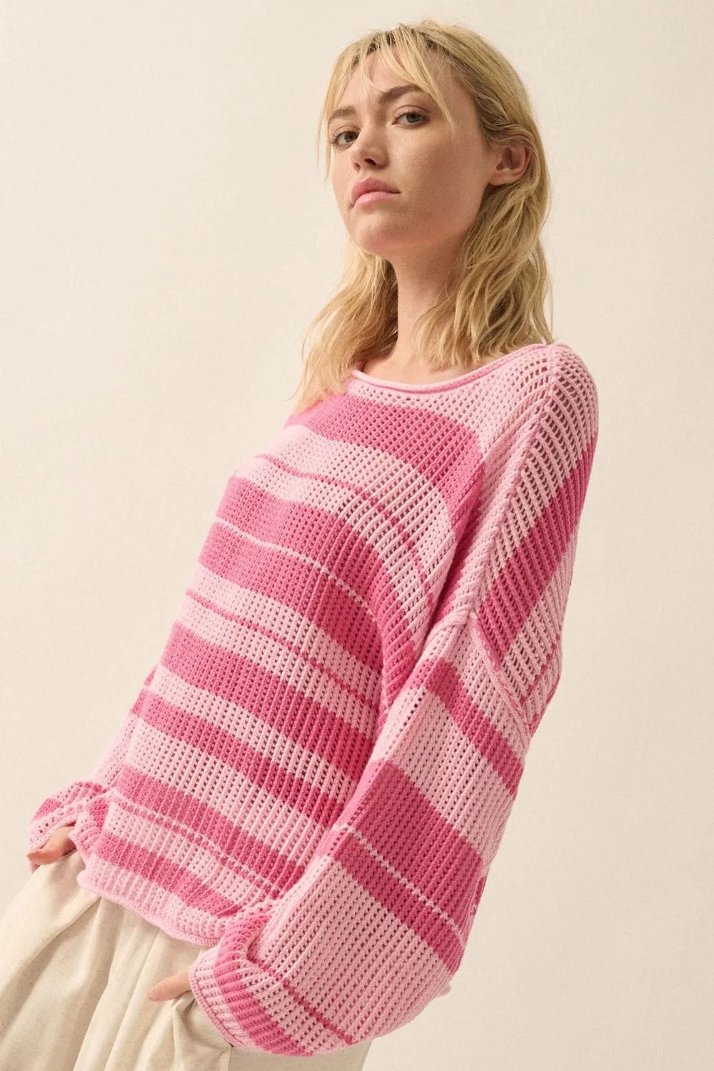Pink Oversized Stripe Colorblock Crochet Knit Sweater sold by Pinkblush product image thumbnail 4
