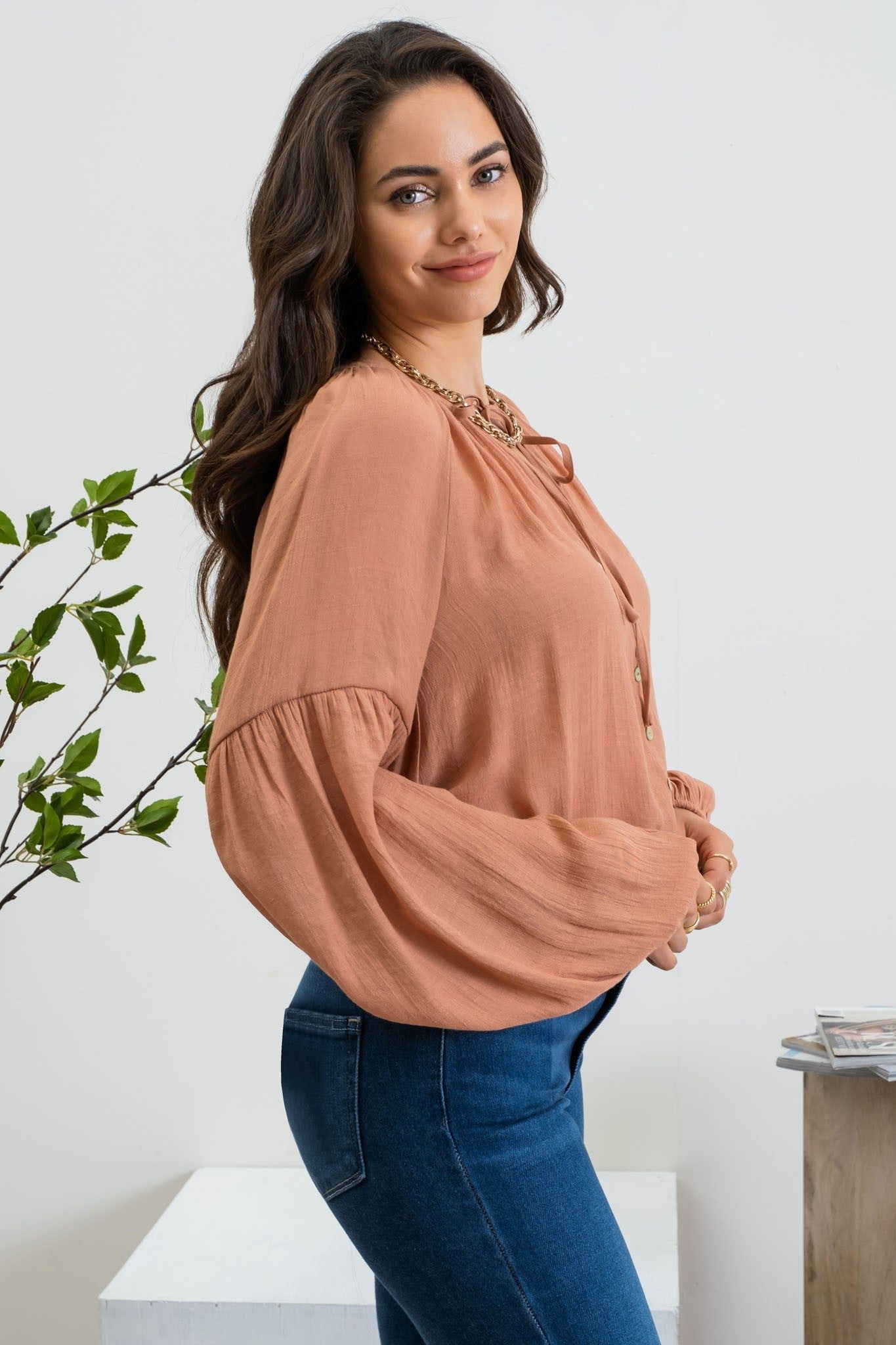 Rust Long Sleeve Peasant Woven Top sold by Pinkblush product image thumbnail 2