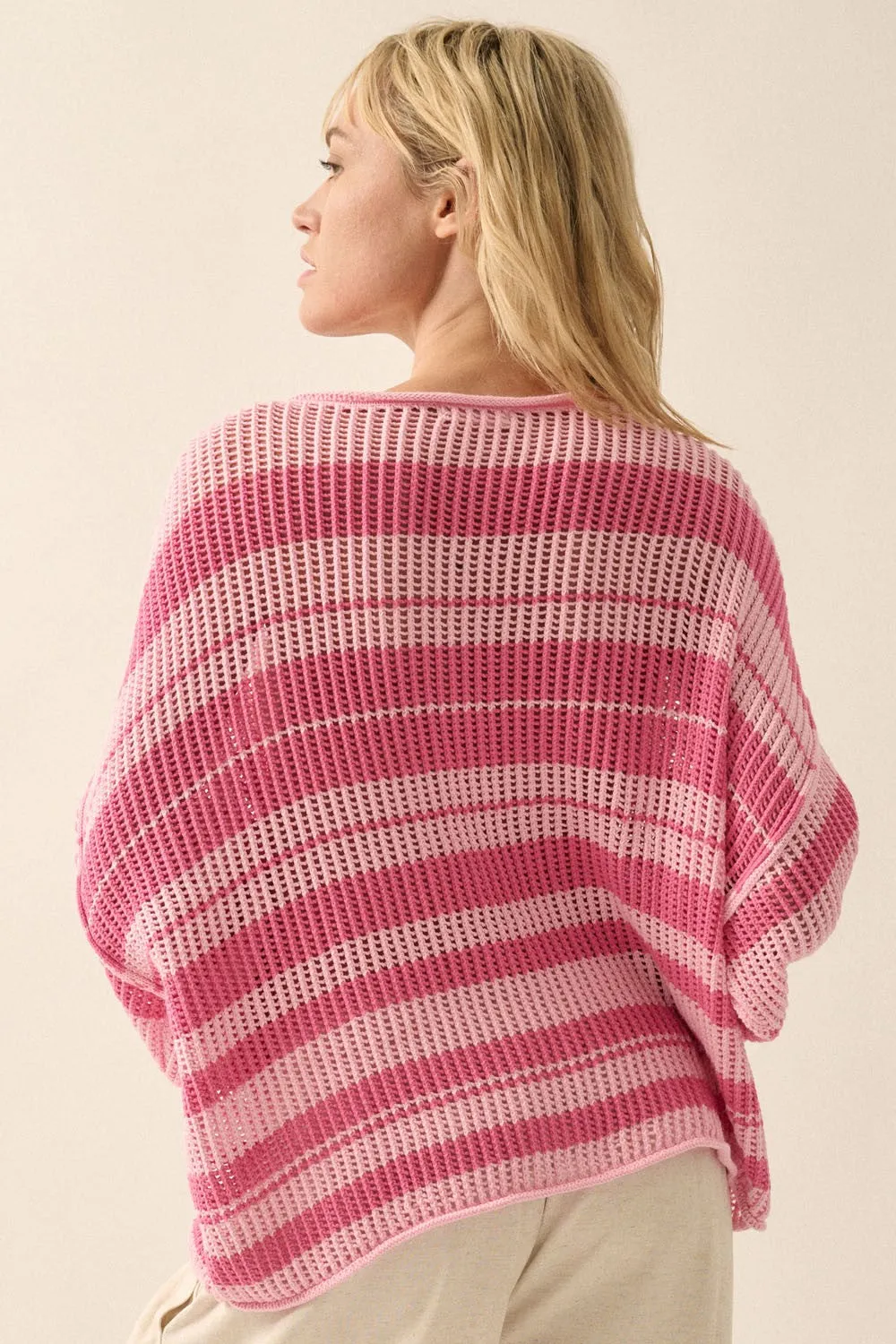Pink Oversized Stripe Colorblock Crochet Knit Sweater sold by Pinkblush product image thumbnail 5