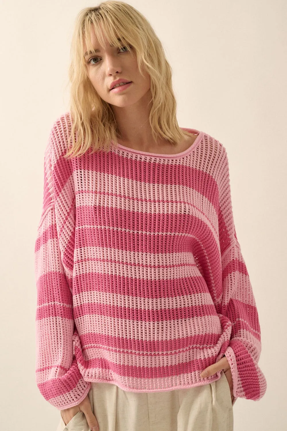 Pink Oversized Stripe Colorblock Crochet Knit Sweater sold by Pinkblush product image thumbnail 2