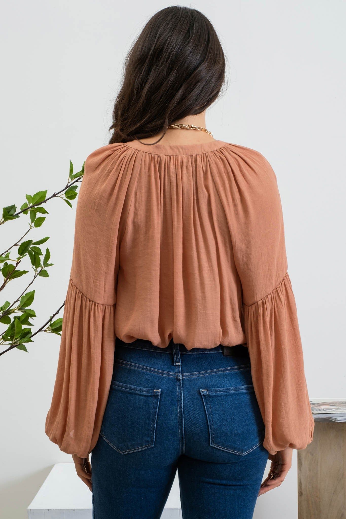 Rust Long Sleeve Peasant Woven Top sold by Pinkblush product image thumbnail 3