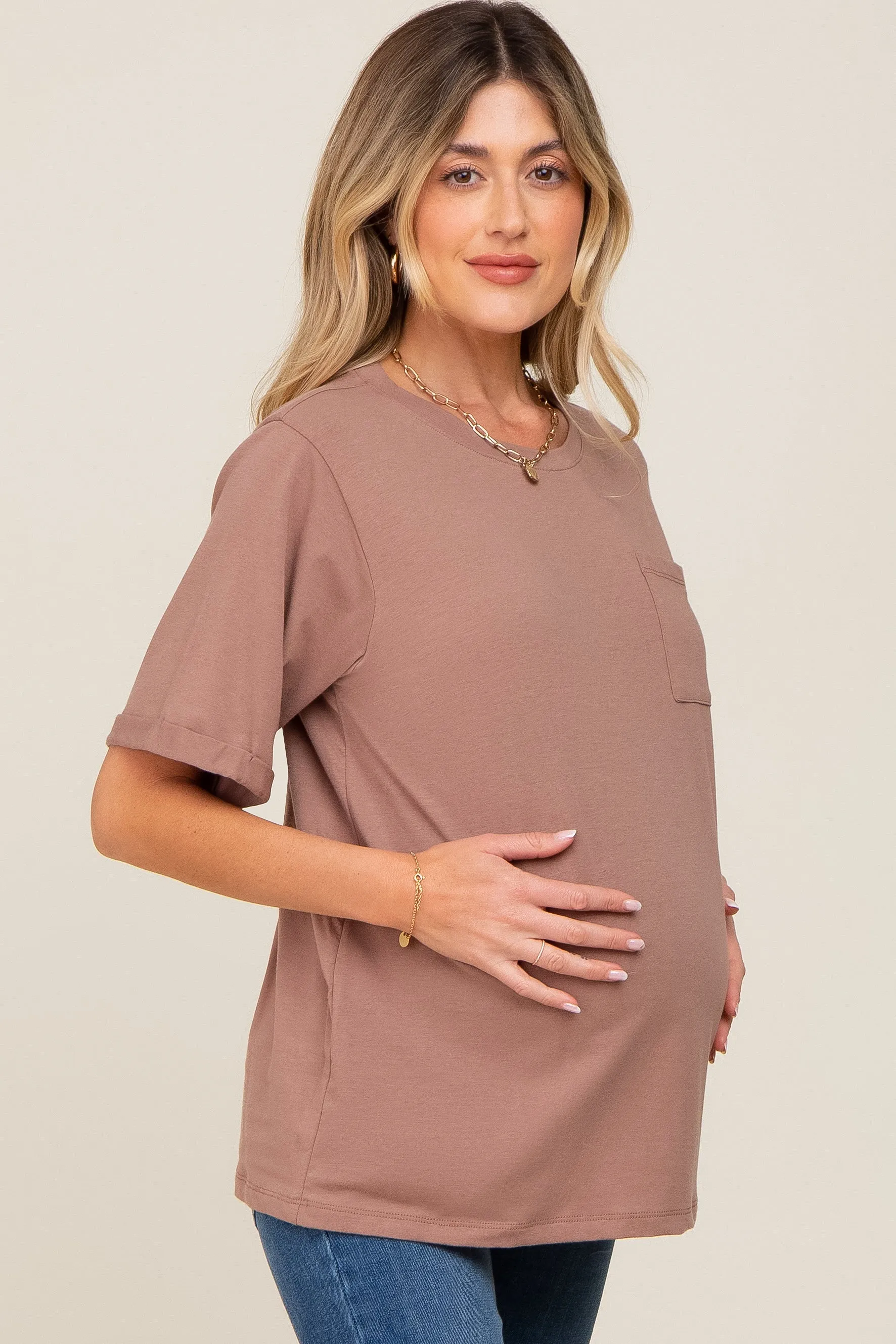 Mocha Oversized Front Pocket Cuffed Short Sleeve Maternity Top sold by Pinkblush product image thumbnail 2