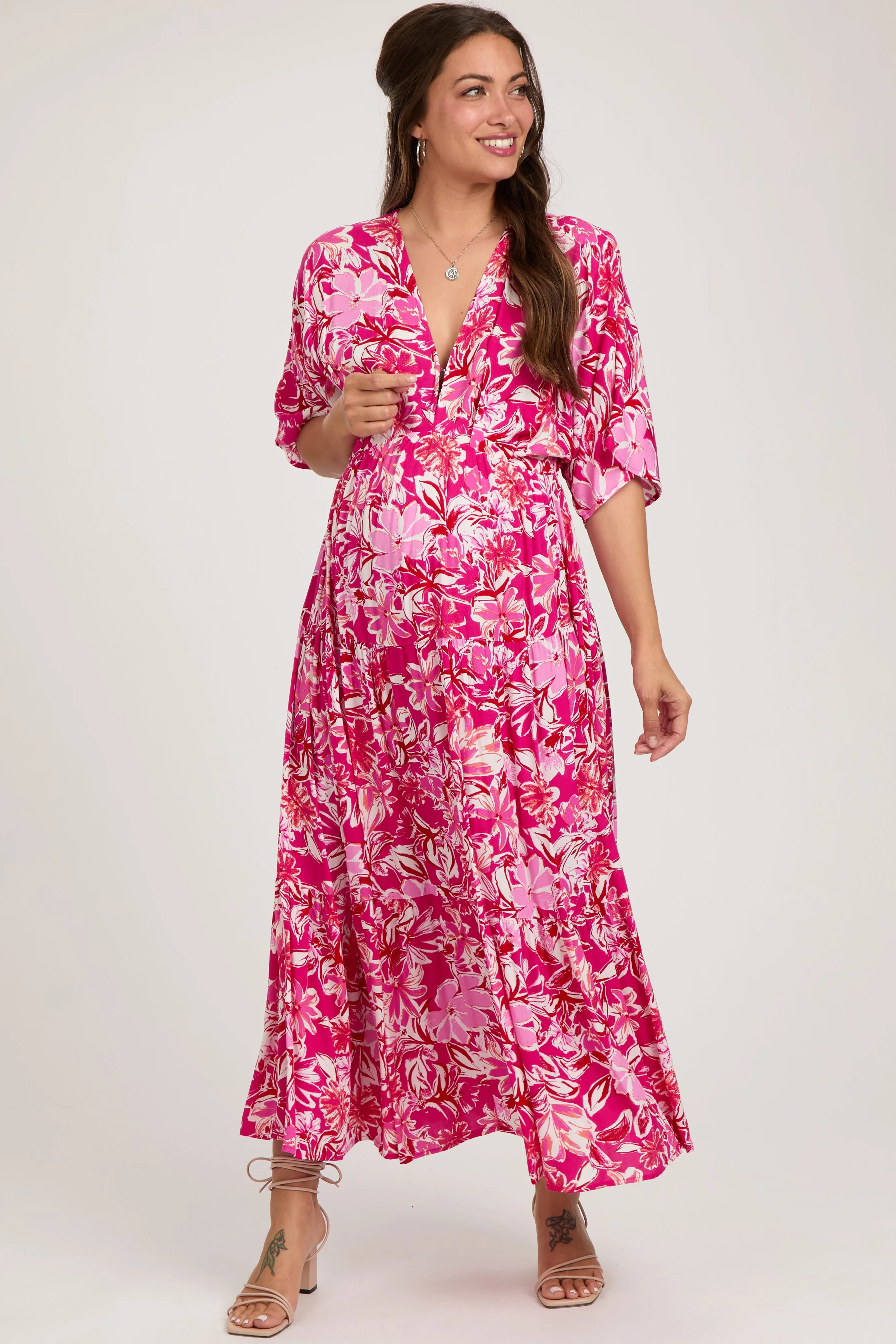 Fuchsia Floral Dolman Sleeve Tiered Maternity Maxi Dress sold by Pinkblush