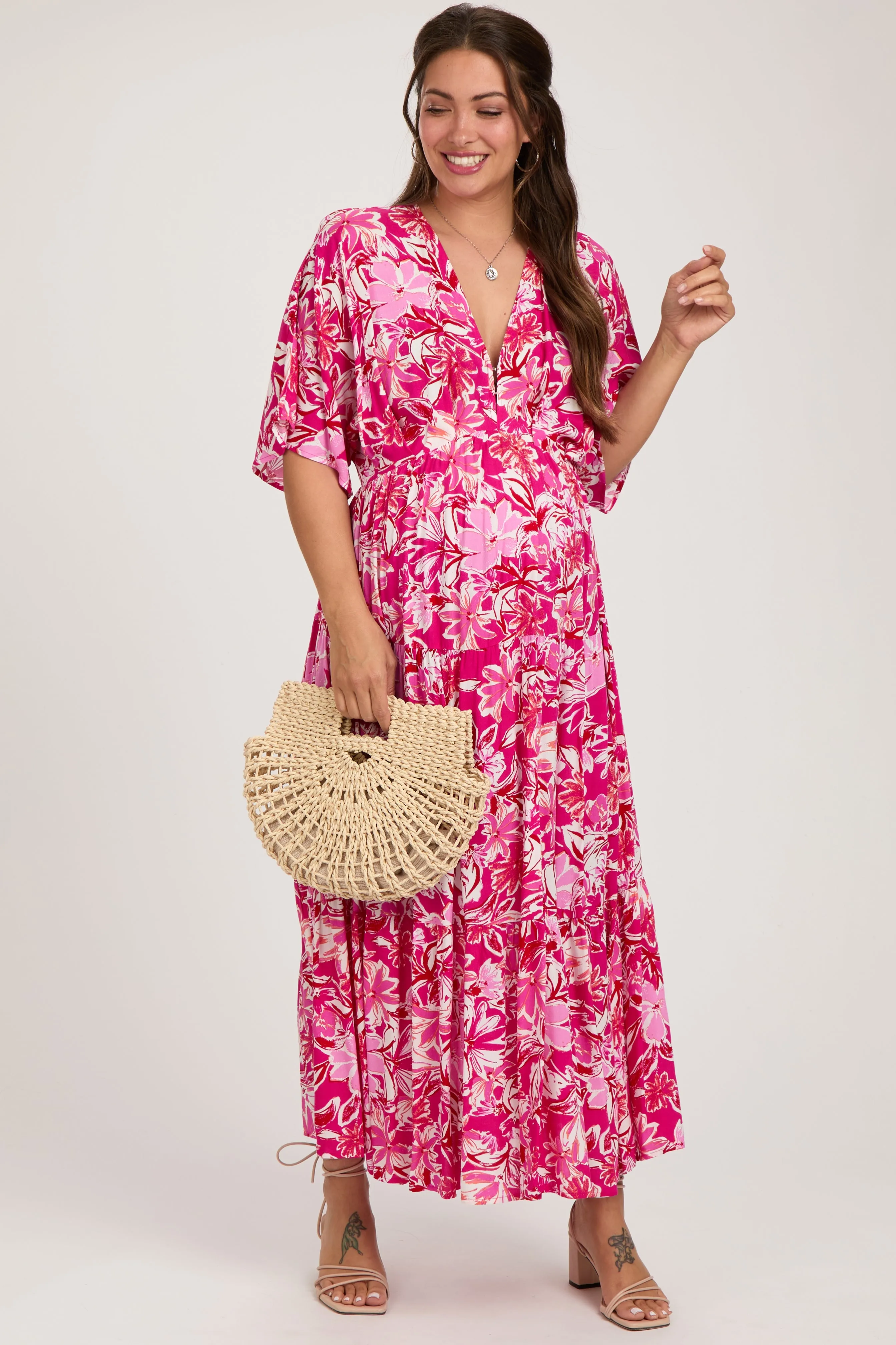 Fuchsia Floral Dolman Sleeve Tiered Maternity Maxi Dress sold by Pinkblush product image thumbnail 2