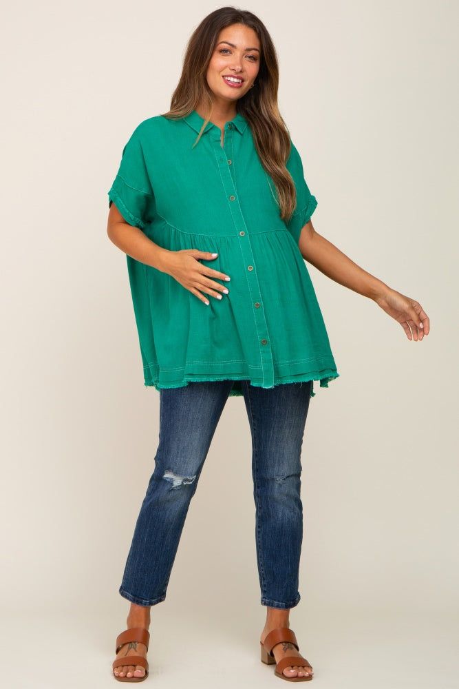 Green Button Up Contrast Stitch Short Sleeve Maternity Top sold by Pinkblush product image thumbnail 5
