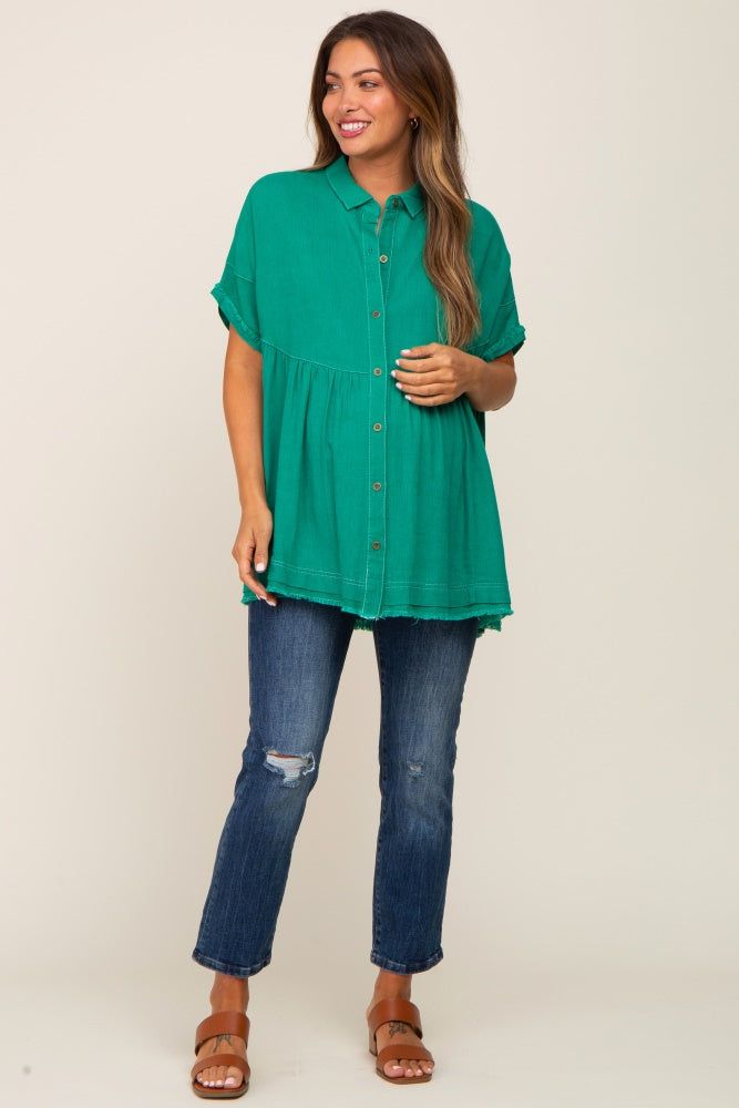 Green Button Up Contrast Stitch Short Sleeve Maternity Top sold by Pinkblush