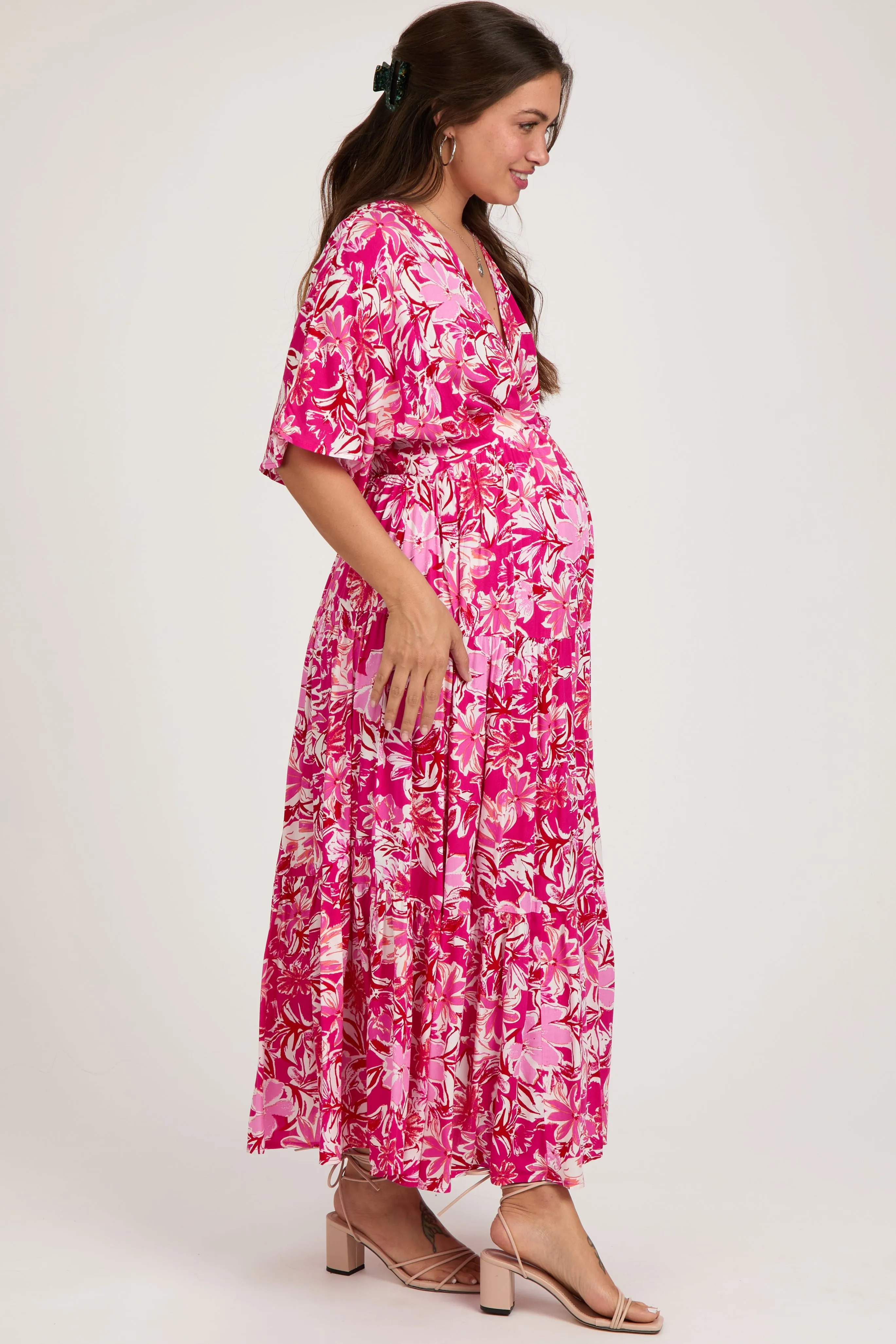 Fuchsia Floral Dolman Sleeve Tiered Maternity Maxi Dress sold by Pinkblush product image thumbnail 3