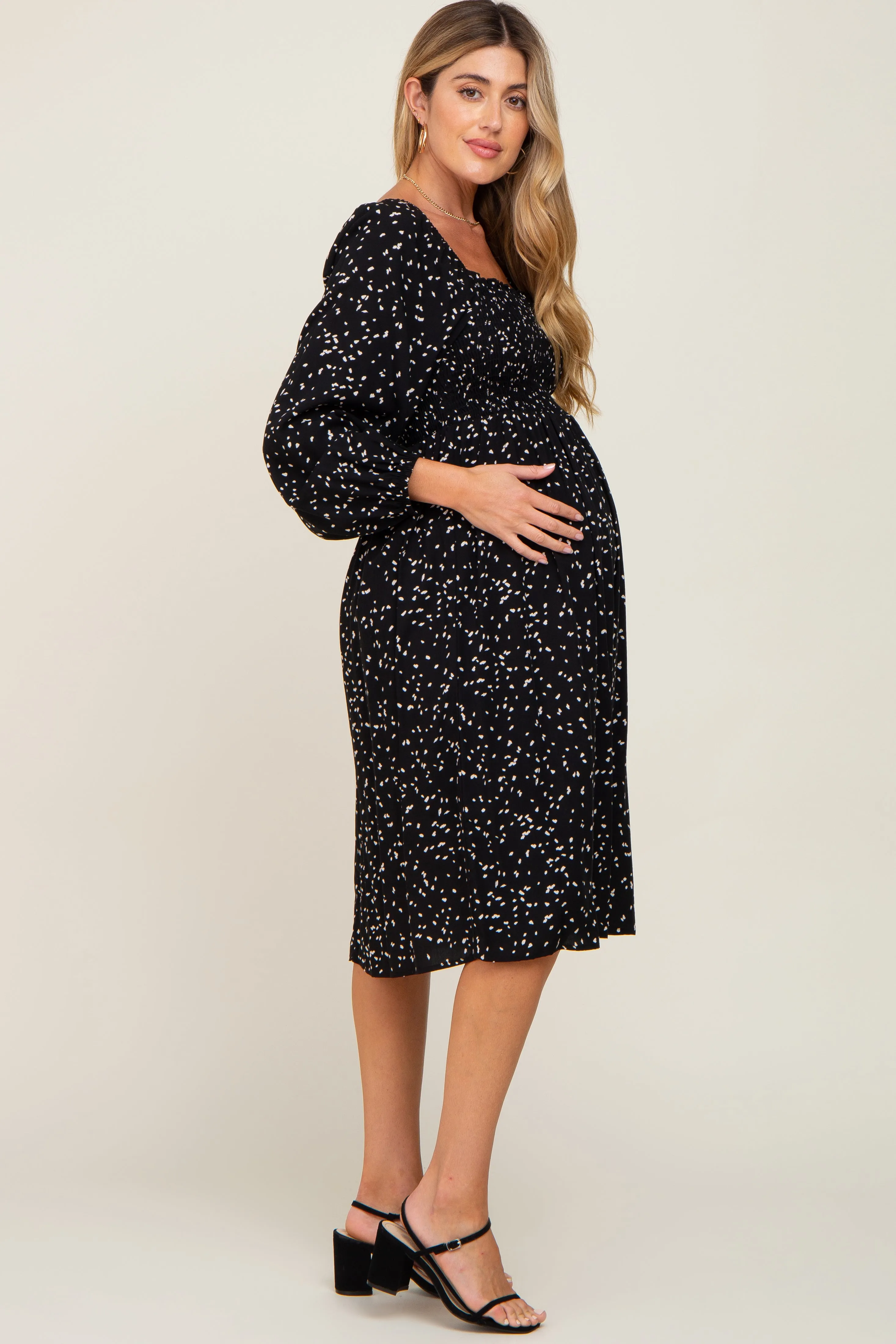 Black Printed Long Sleeve Maternity Midi Dress sold by Pinkblush product image thumbnail 2