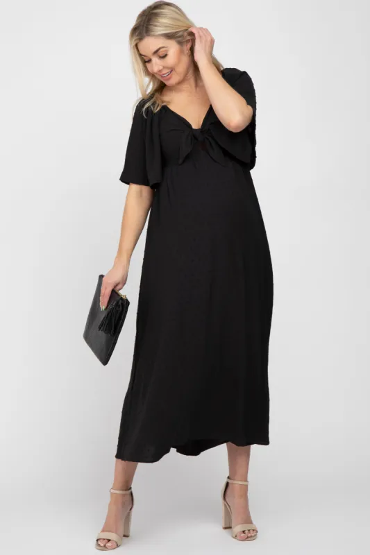 Black Textured Dot Front Tie Ruffle Sleeve Maternity Midi Dress sold by Pinkblush