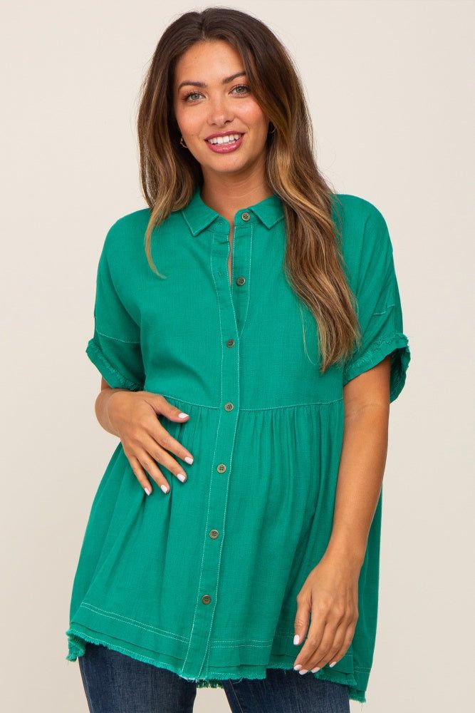Green Button Up Contrast Stitch Short Sleeve Maternity Top sold by Pinkblush product image thumbnail 2