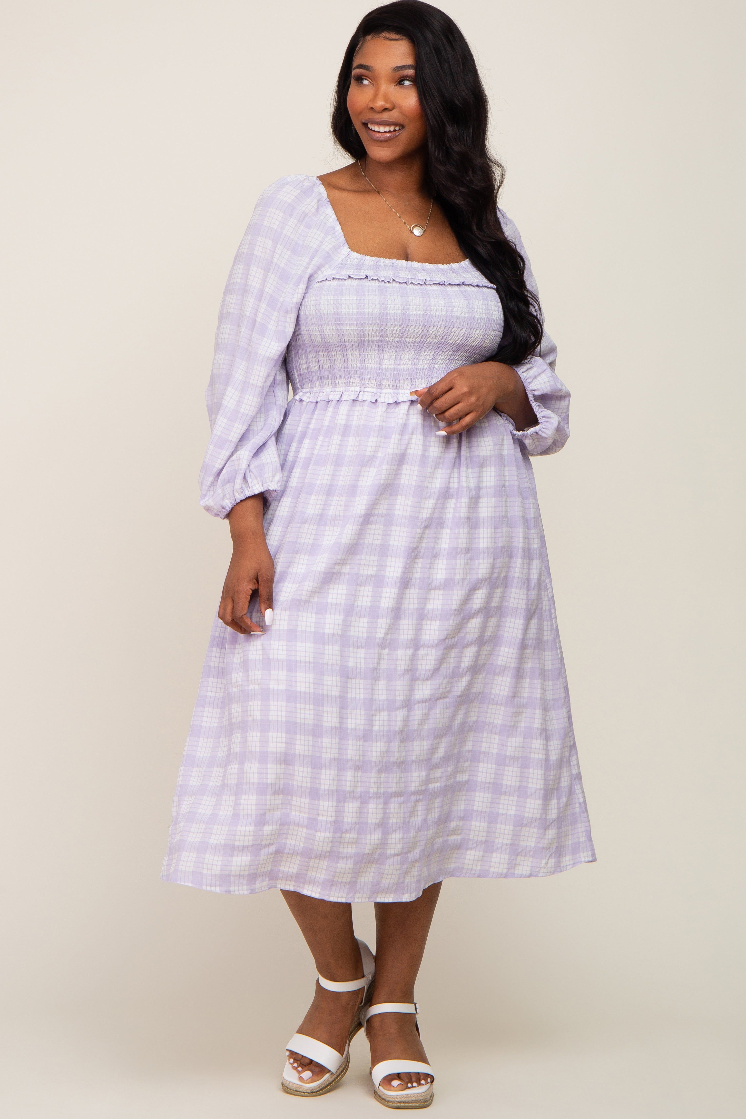 Lavender Plaid Smocked Square Neck Lace-Up Back Plus Midi Dress sold by Pinkblush product image thumbnail 4