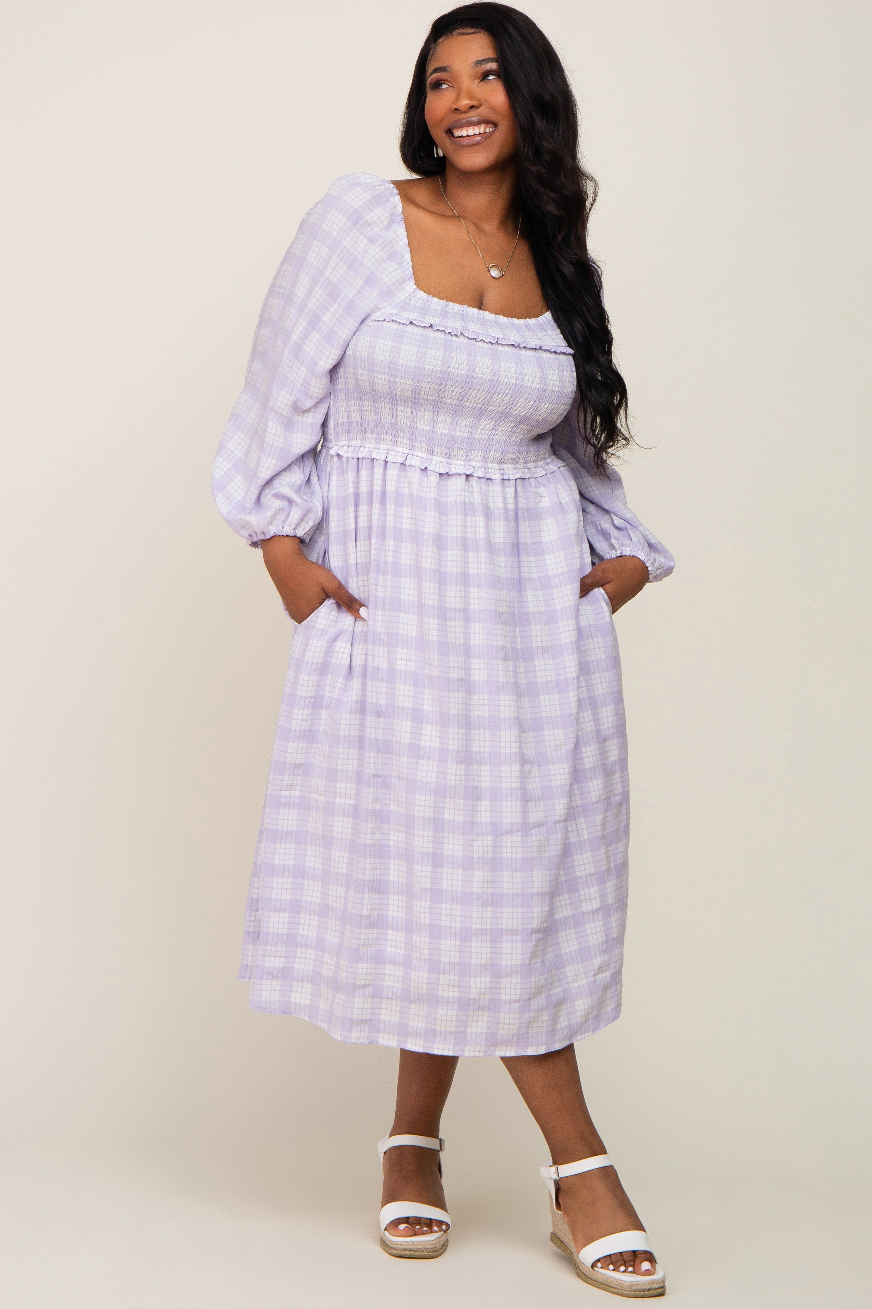 Lavender Plaid Smocked Square Neck Lace-Up Back Plus Midi Dress sold by Pinkblush