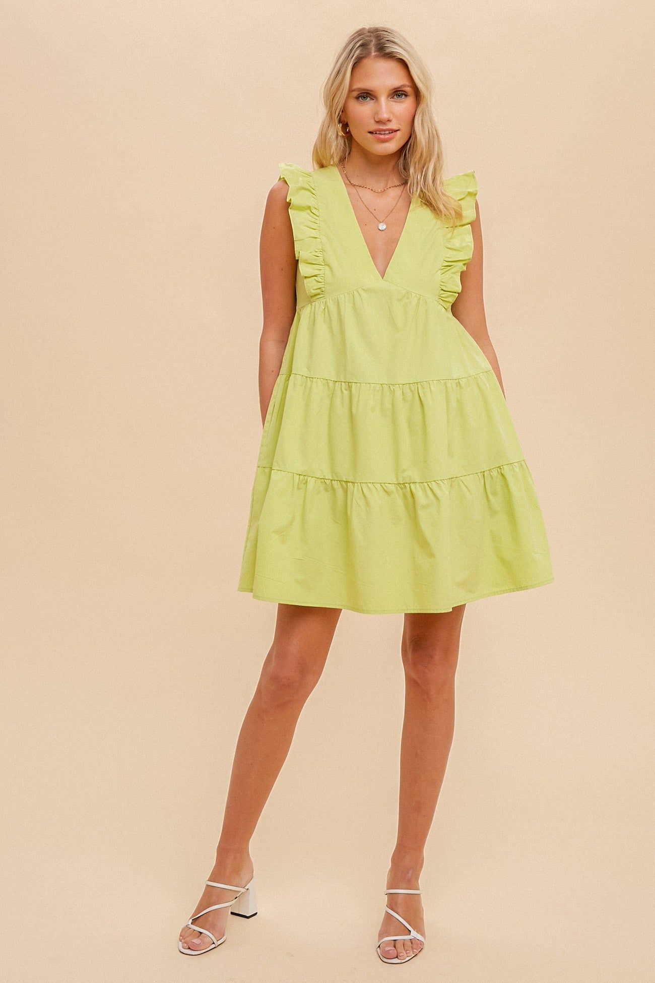 Lime Ruffle Sleeve Tiered Poplin Dress sold by Pinkblush product image thumbnail 4