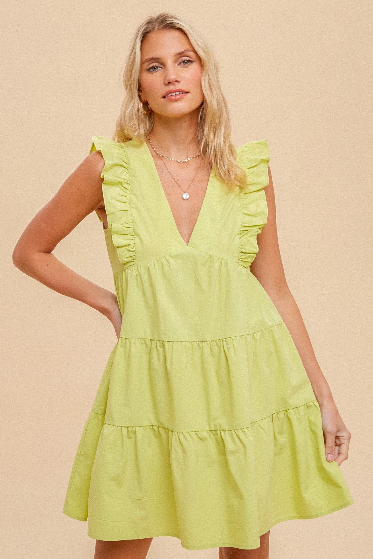 Lime Ruffle Sleeve Tiered Poplin Dress sold by Pinkblush