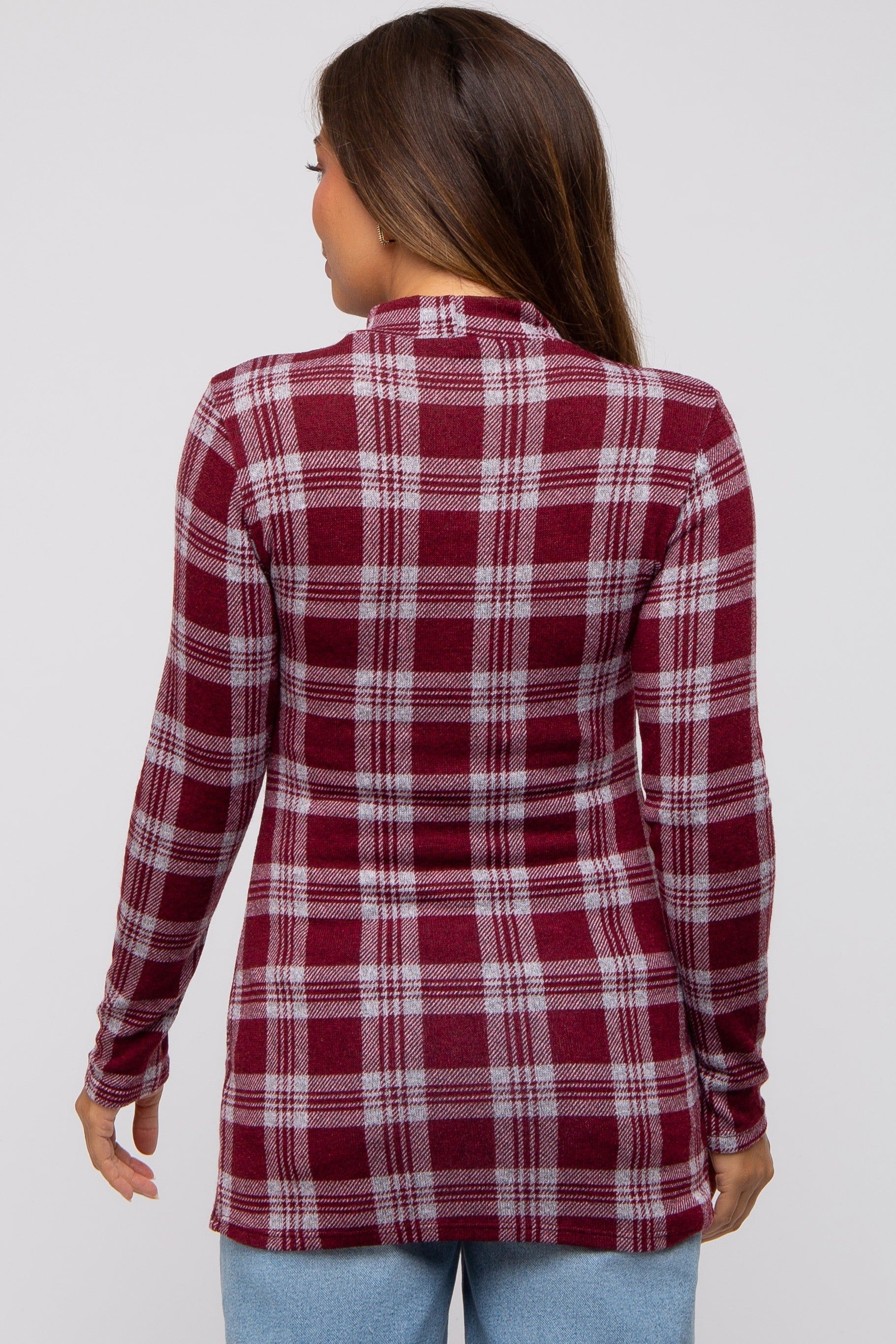 Burgundy Plaid Mock Neck Brushed Long Sleeve Maternity Top sold by Pinkblush product image thumbnail 3