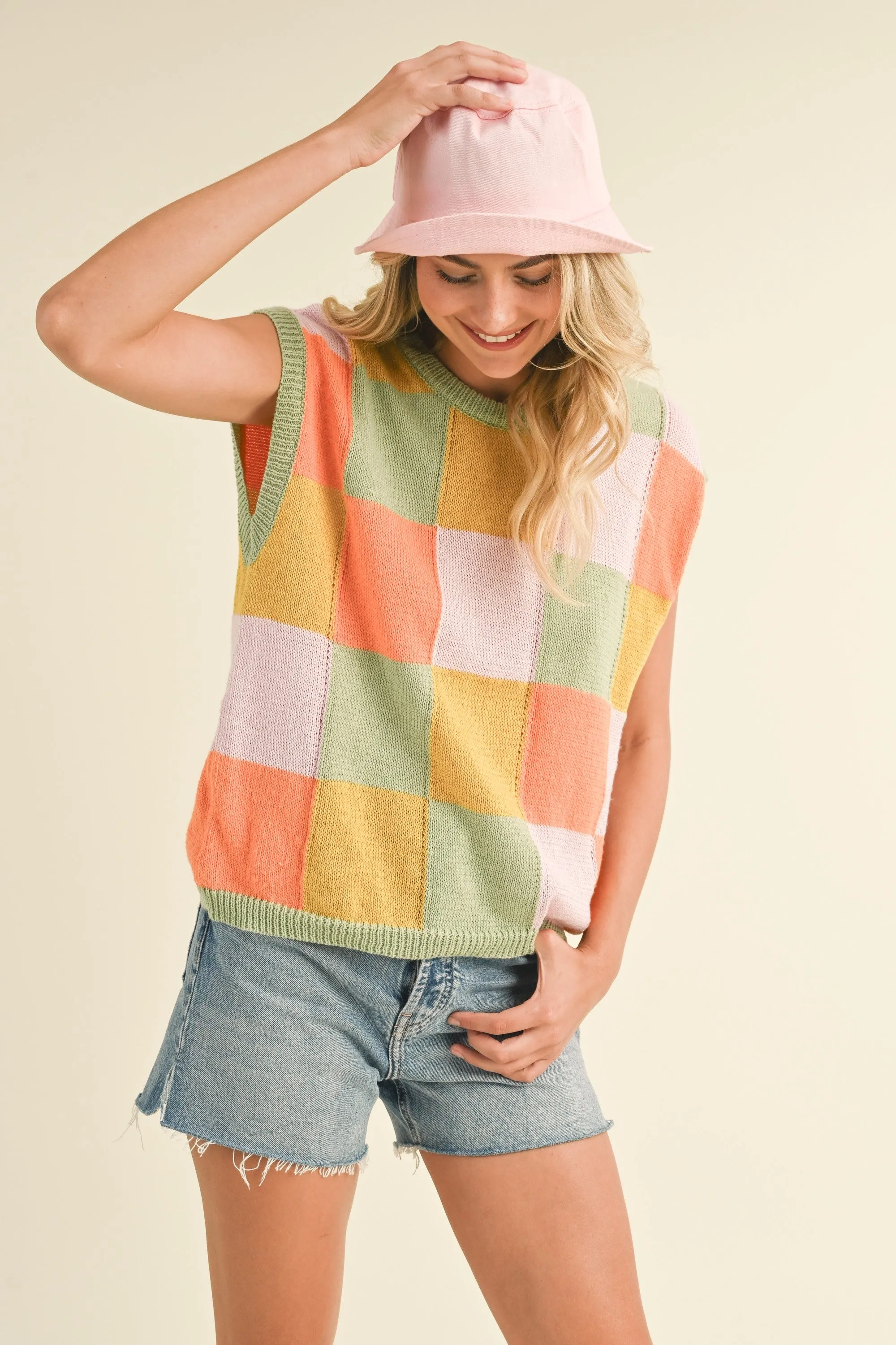 Sage Orange Multi Colorful Checkered Sweater Vest sold by Pinkblush product image thumbnail 2