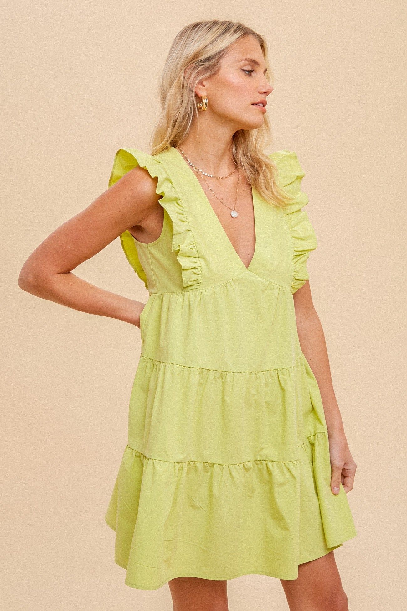 Lime Ruffle Sleeve Tiered Poplin Dress sold by Pinkblush product image thumbnail 2