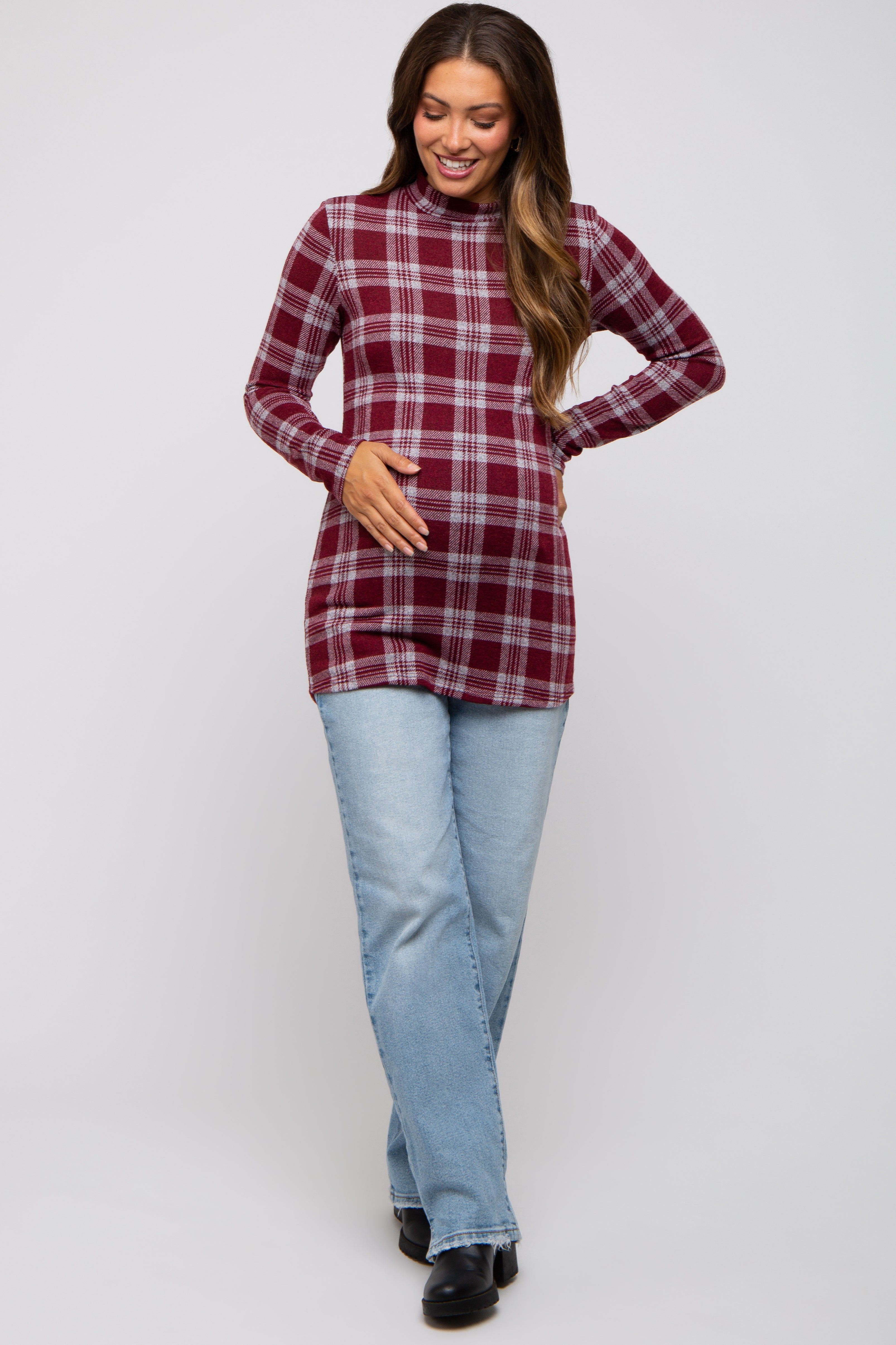Burgundy Plaid Mock Neck Brushed Long Sleeve Maternity Top sold by Pinkblush product image thumbnail 4