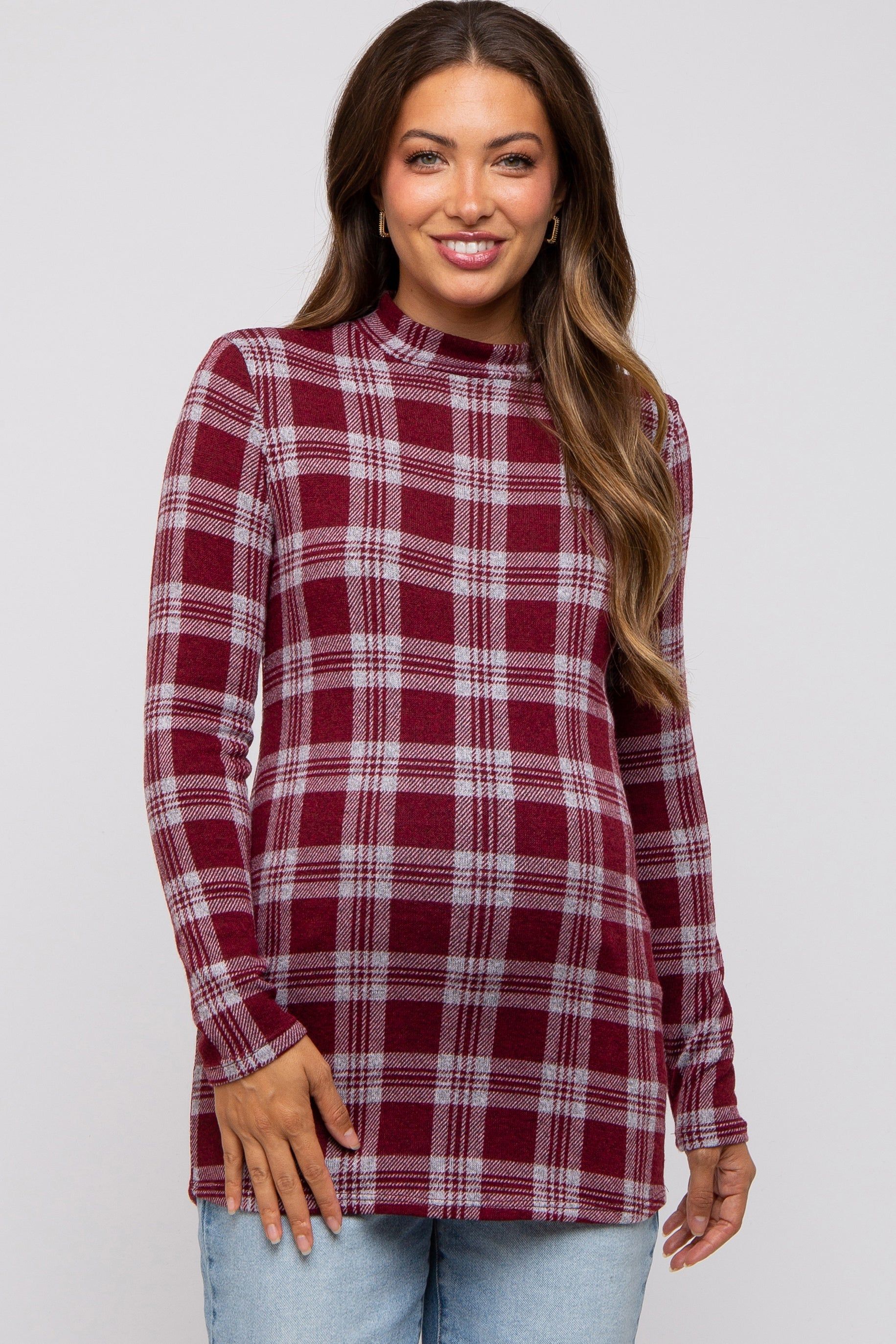 Burgundy Plaid Mock Neck Brushed Long Sleeve Maternity Top sold by Pinkblush