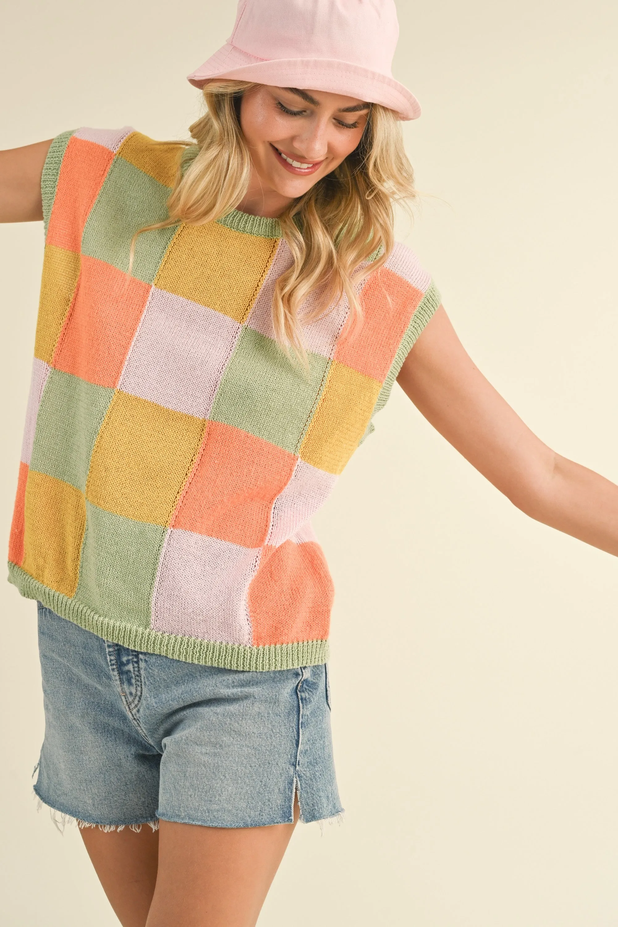 Sage Orange Multi Colorful Checkered Sweater Vest sold by Pinkblush product image thumbnail 3