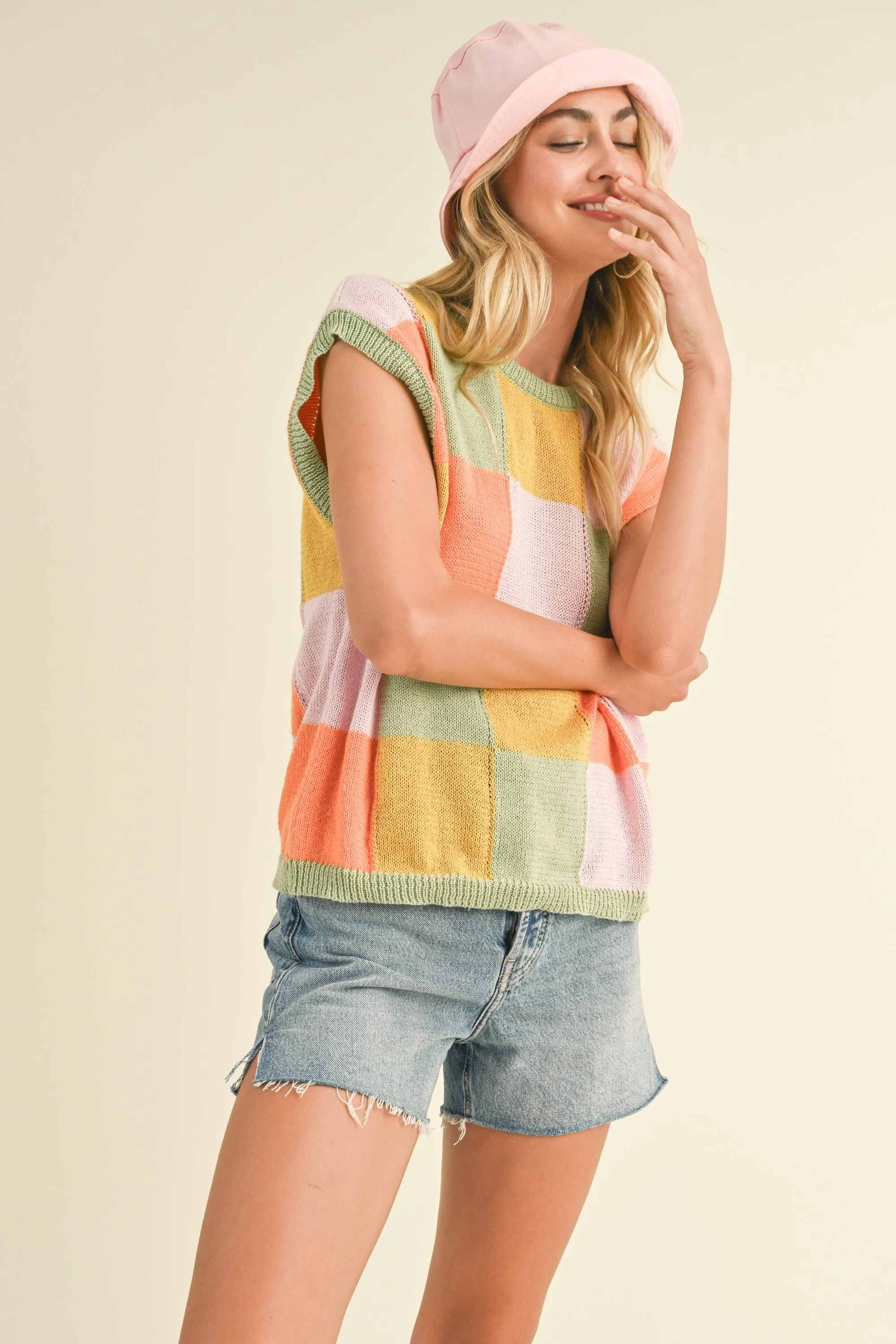 Sage Orange Multi Colorful Checkered Sweater Vest sold by Pinkblush
